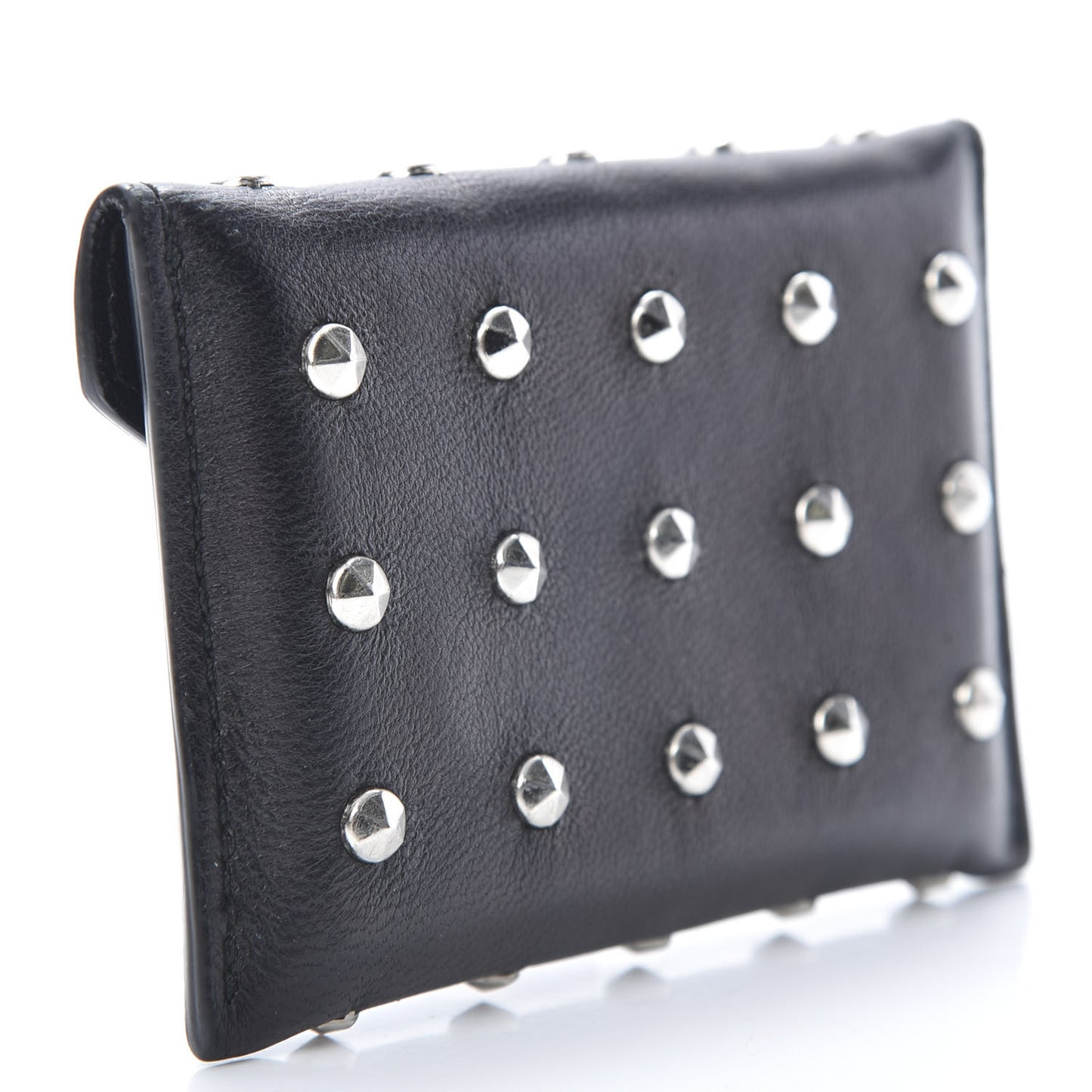 Calfskin Studded Skull Envelope Card Holder Black