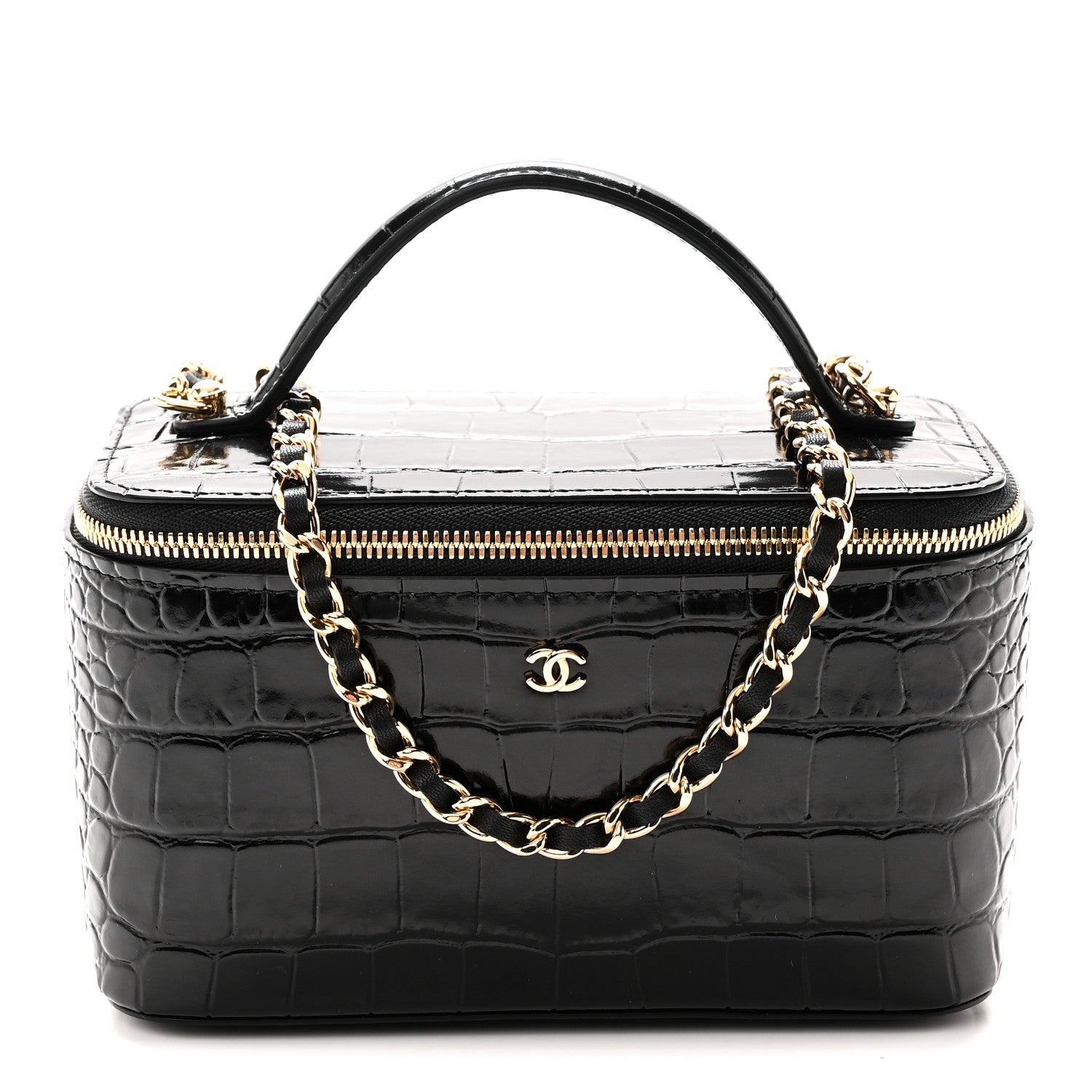 Chanel Calfskin Crocodile Embossed Top Handle Vanity Black 1927688