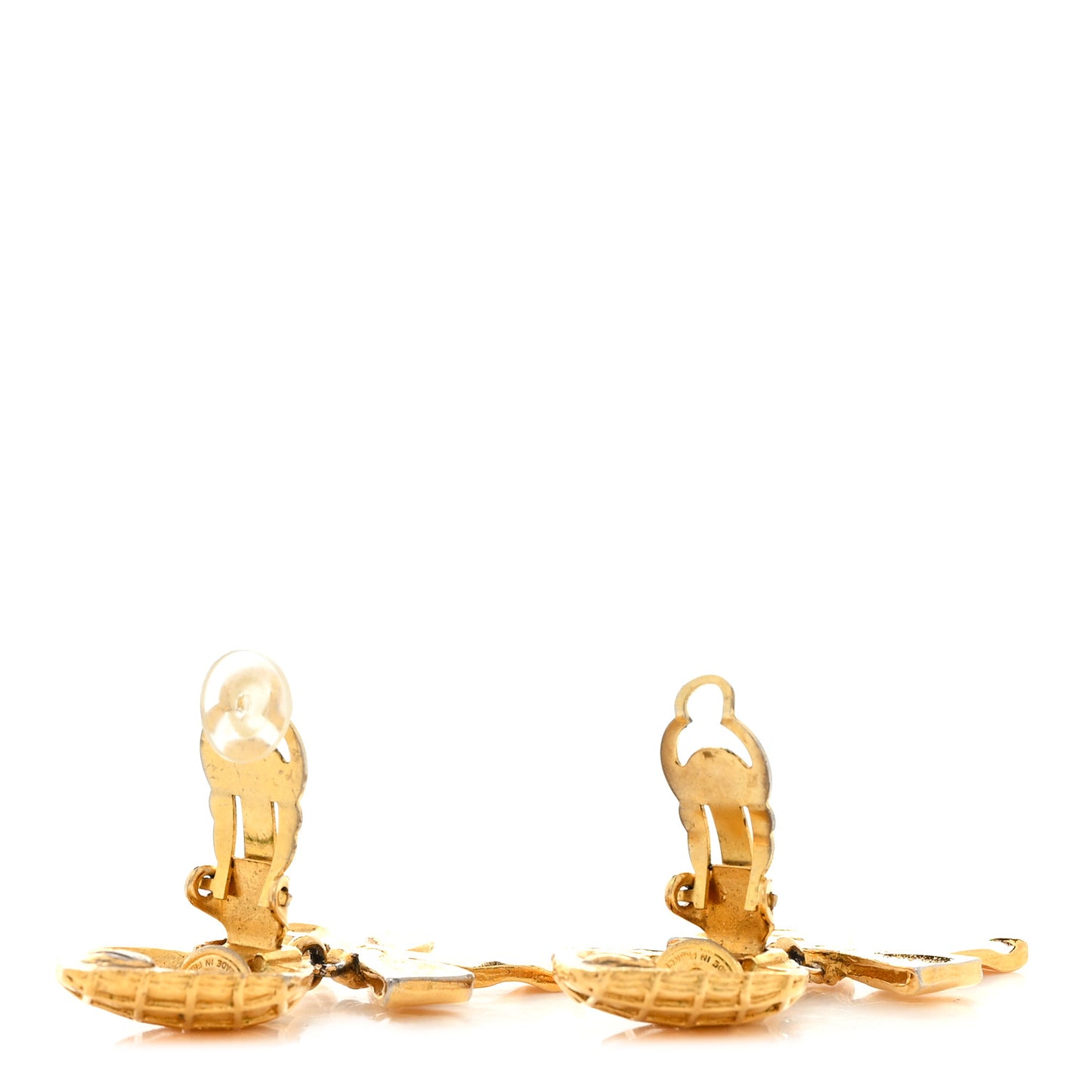 Metal CC Bow Drop Clip On Earrings Gold