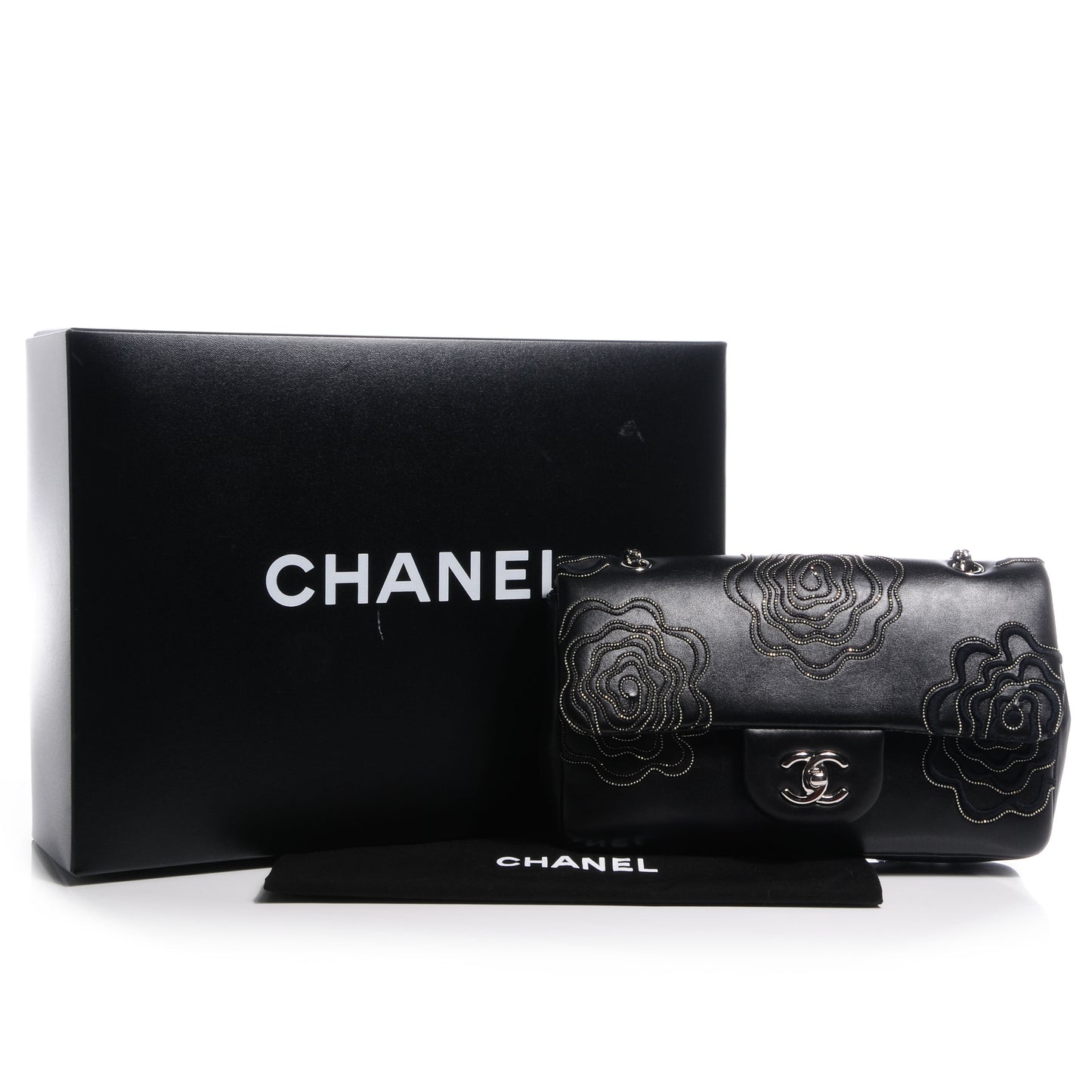 Lambskin Embroidered Camellia Follies Flap Black