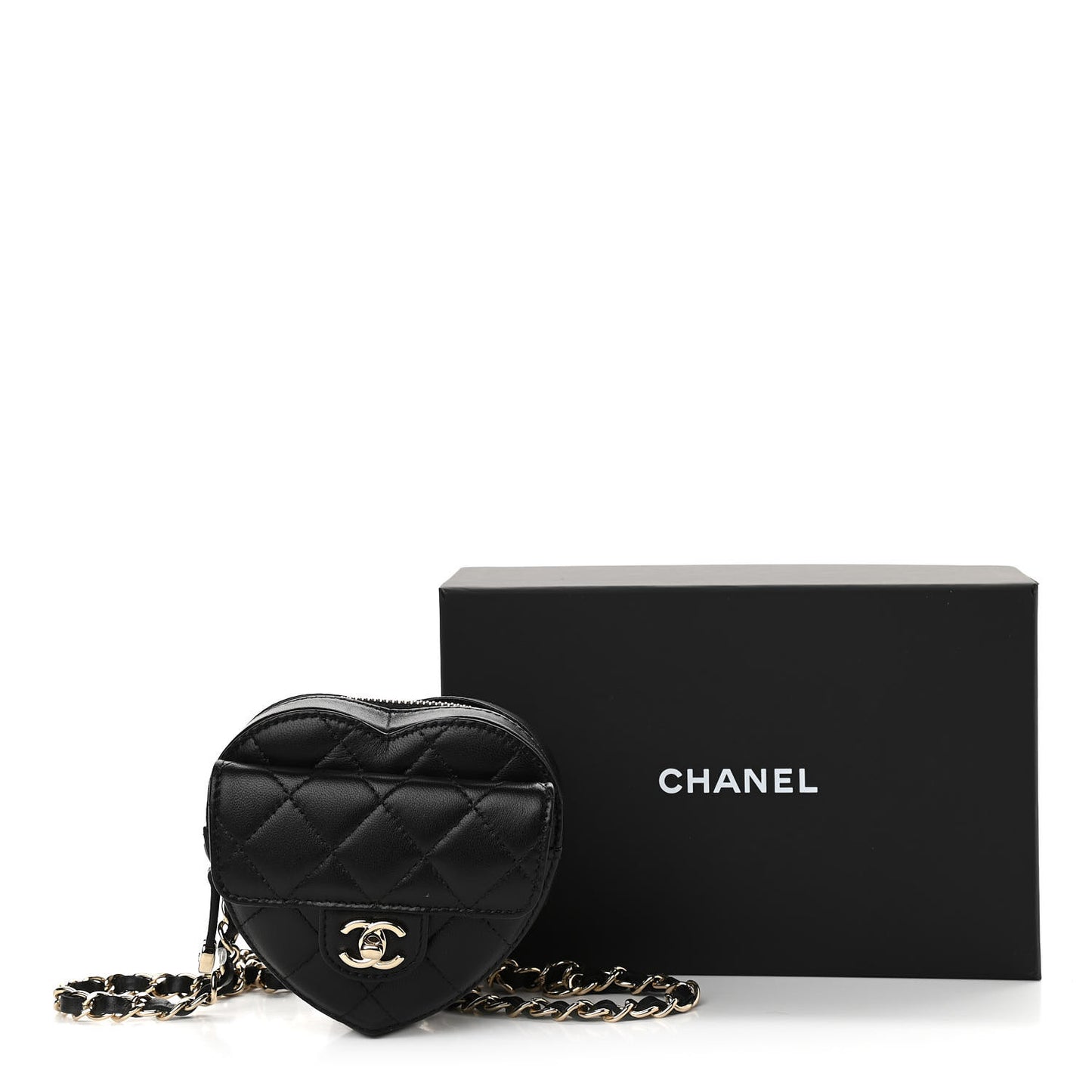 Lambskin Quilted CC In Love Heart Waist Belt Bag With Chain Black