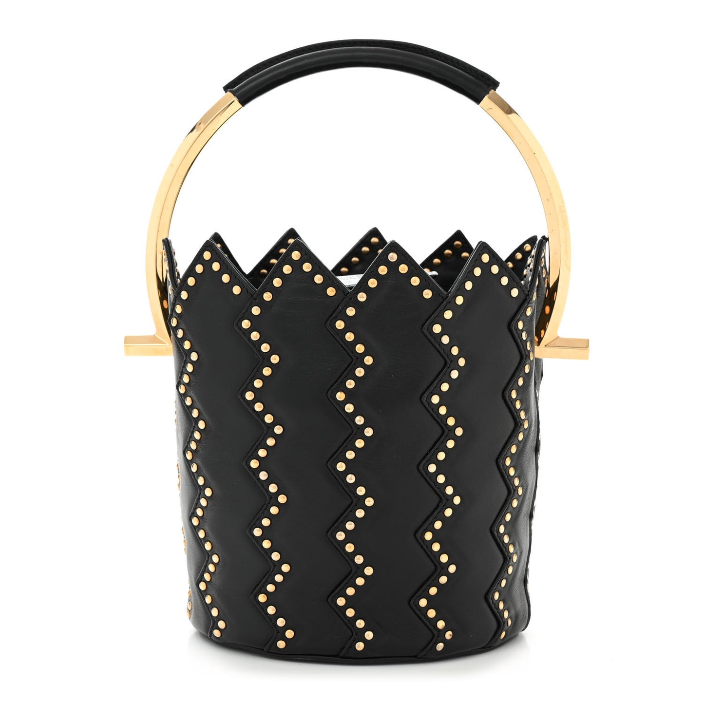 X SARA BATTAGLIA Calfskin Studded Zig Zag Bucket Shoulder Bag Black