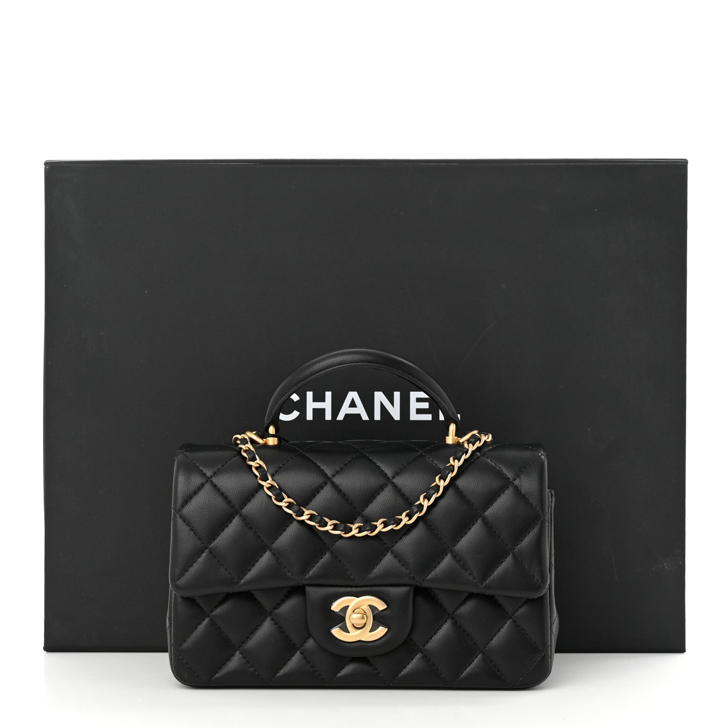 Lambskin Quilted Mini Top Handle Rectangular Flap Black