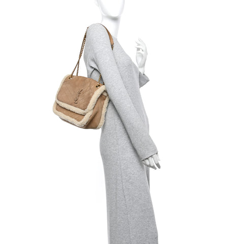 Nubuck Shearling Monogram Medium Niki Chain Satchel Ivory Natural Tan
