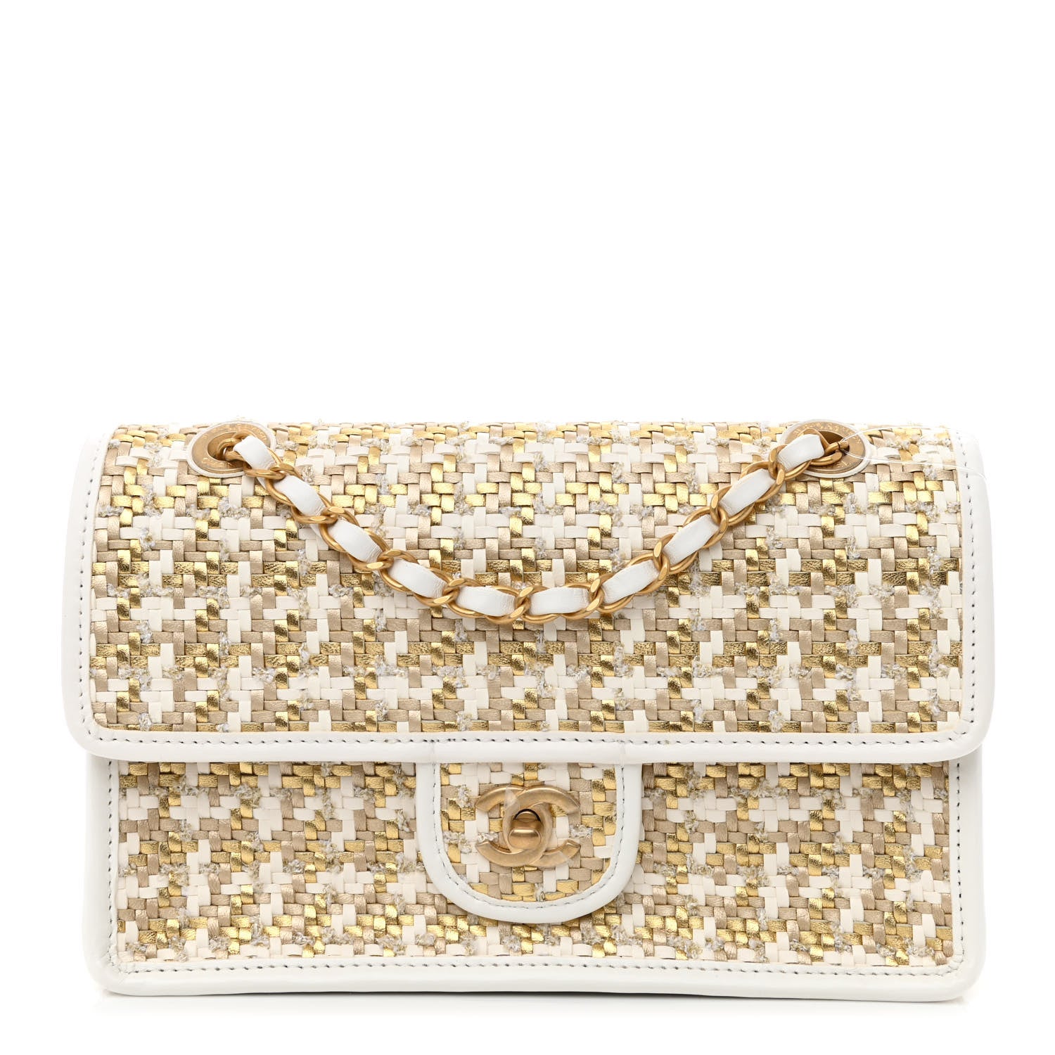 Chanel Metallic Lambskin Viscose Woven Flap Gold White 1213335