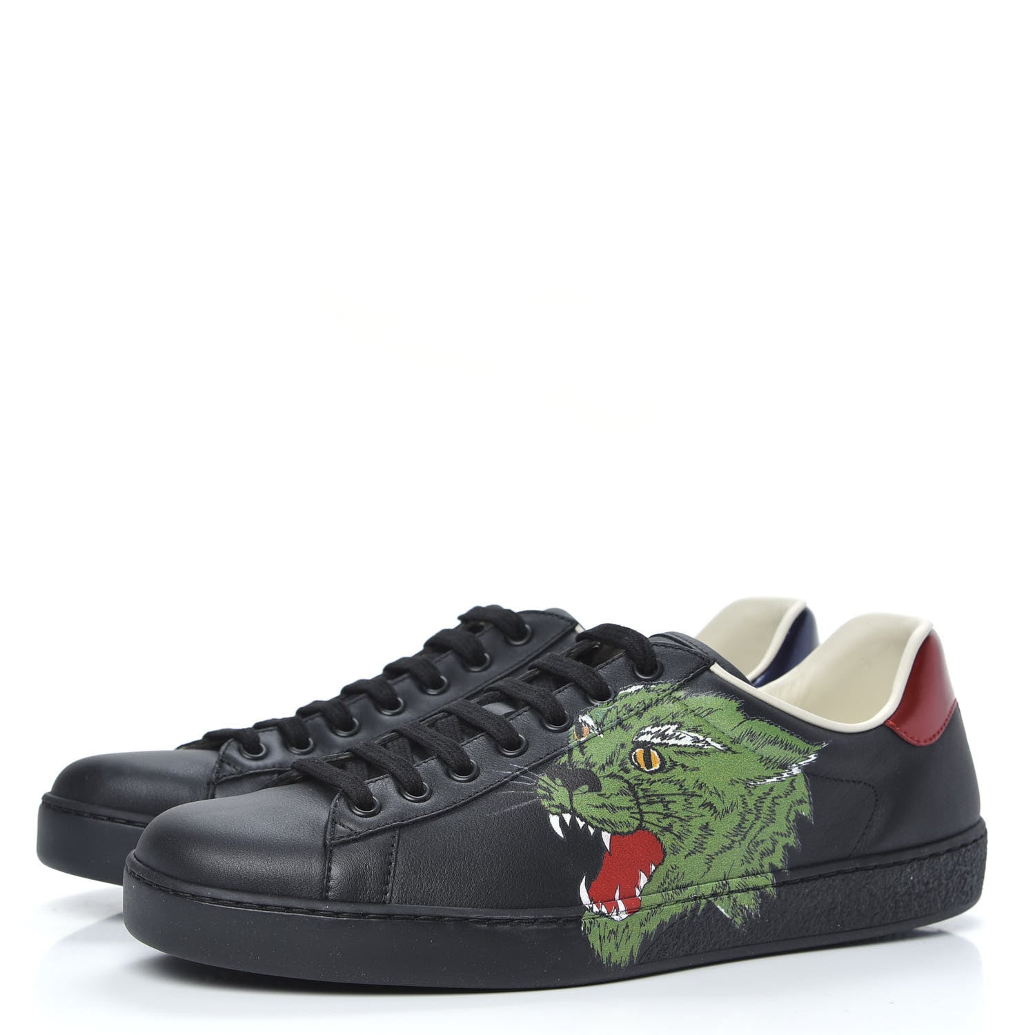 Gucci Calfskin Green Panther Print Mens Ace Sneakers 8.5 Black 3 of 8