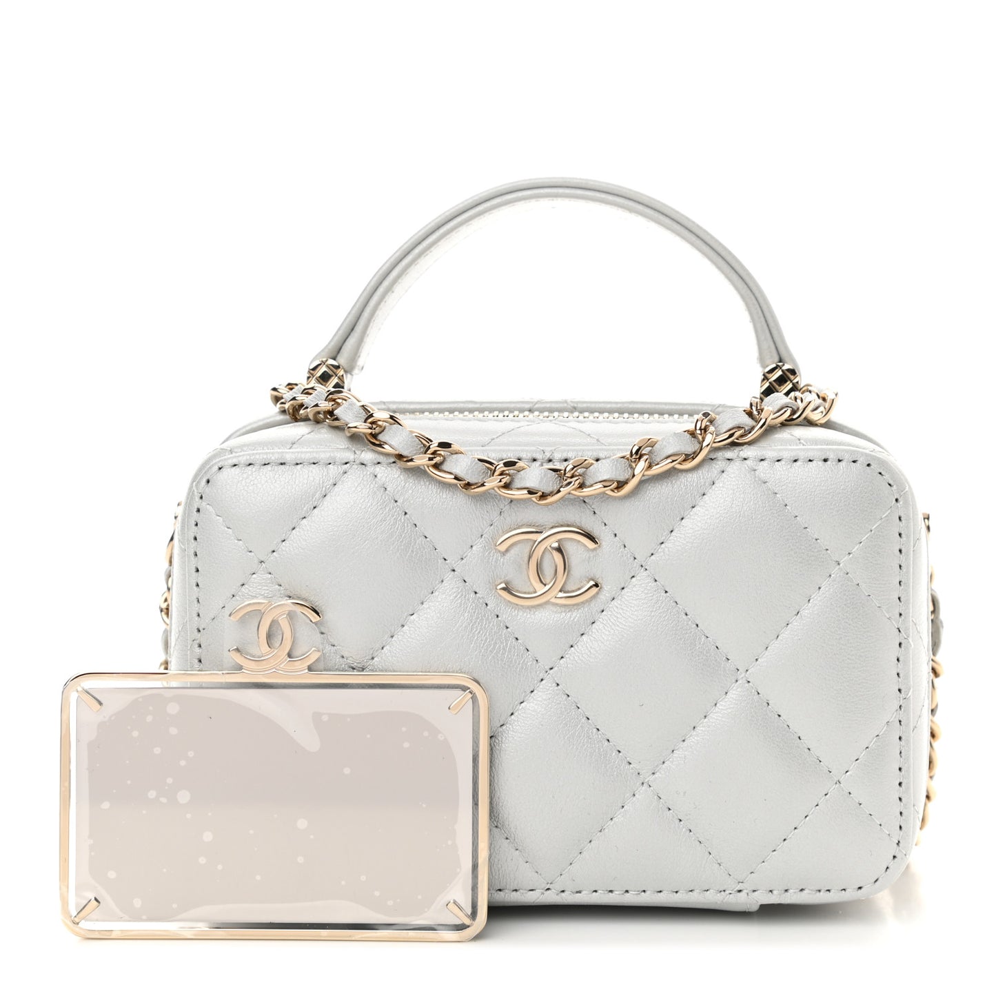 Metallic Lambskin Quilted Top Handle Vanity Case Silver