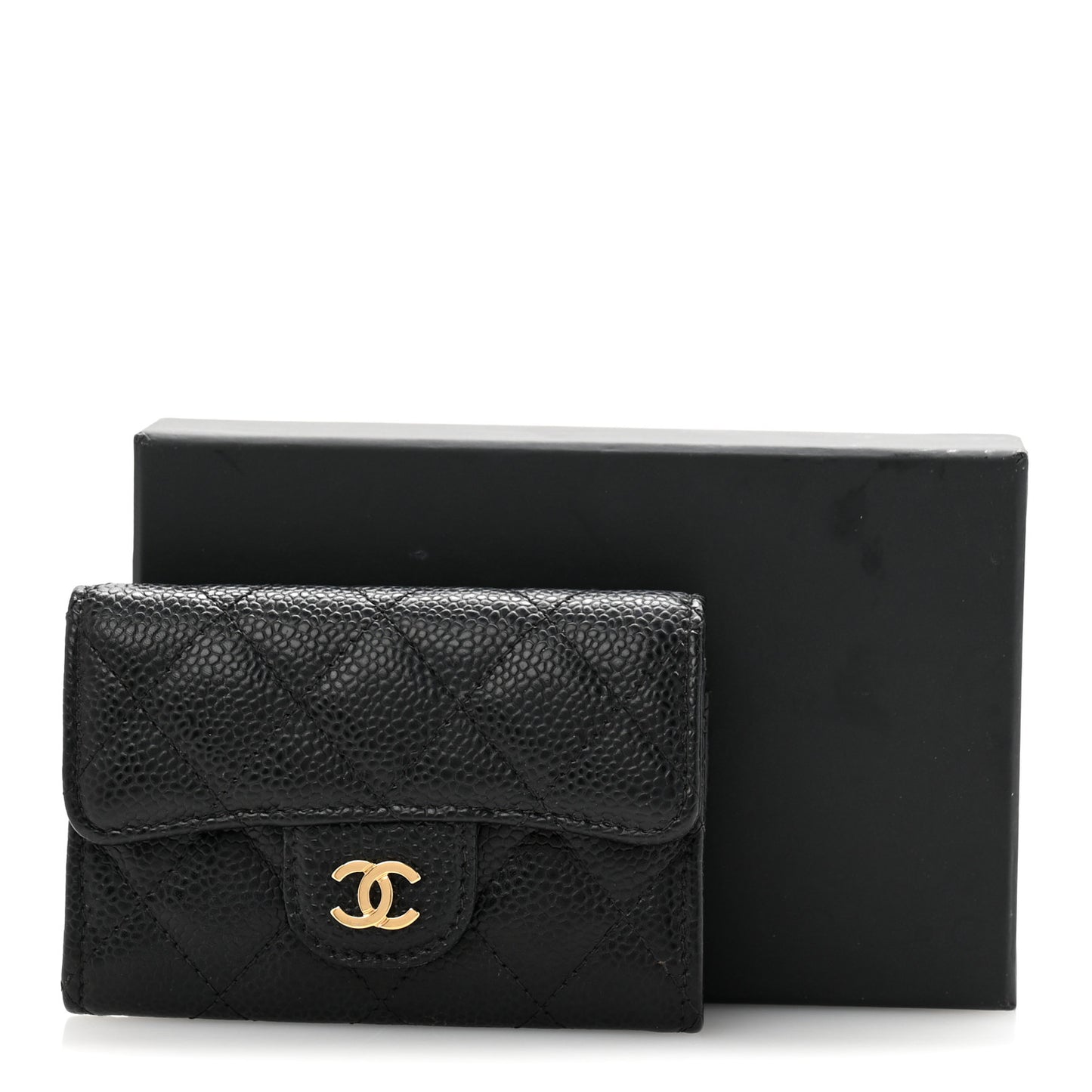 Caviar Quilted Flap Card Holder Wallet Black