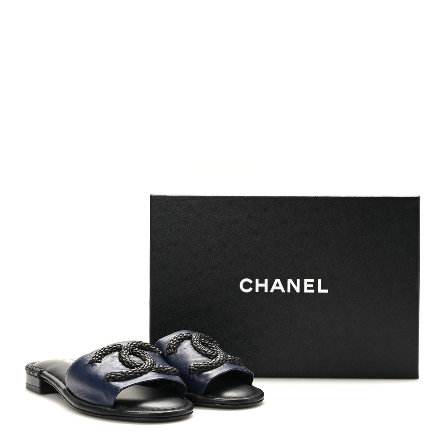 Lambskin CC Braided Mules 36 Navy Blue Black