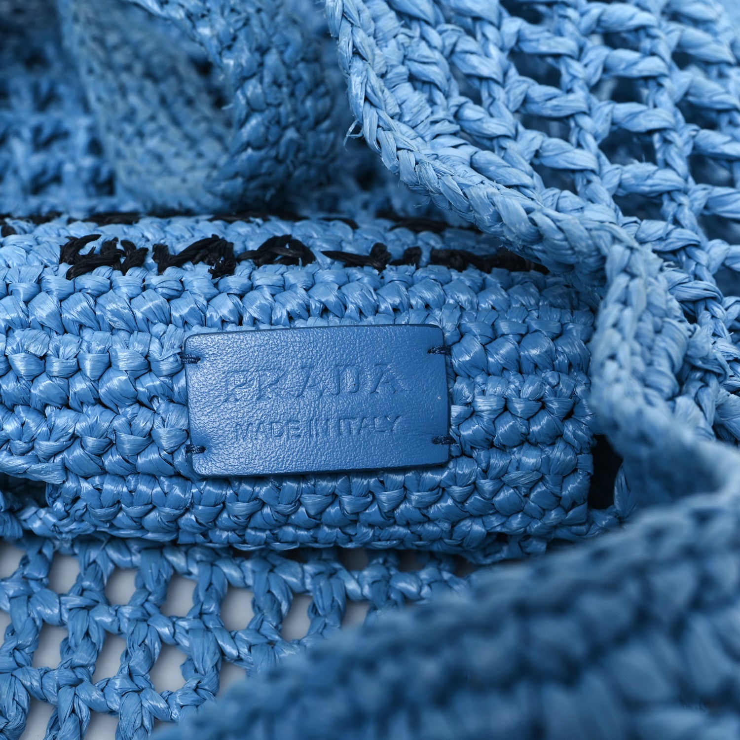 Prada Yarn Raffia Effect Crochet Logo Embroidered Shopping Tote Bag Celeste 6 of 10