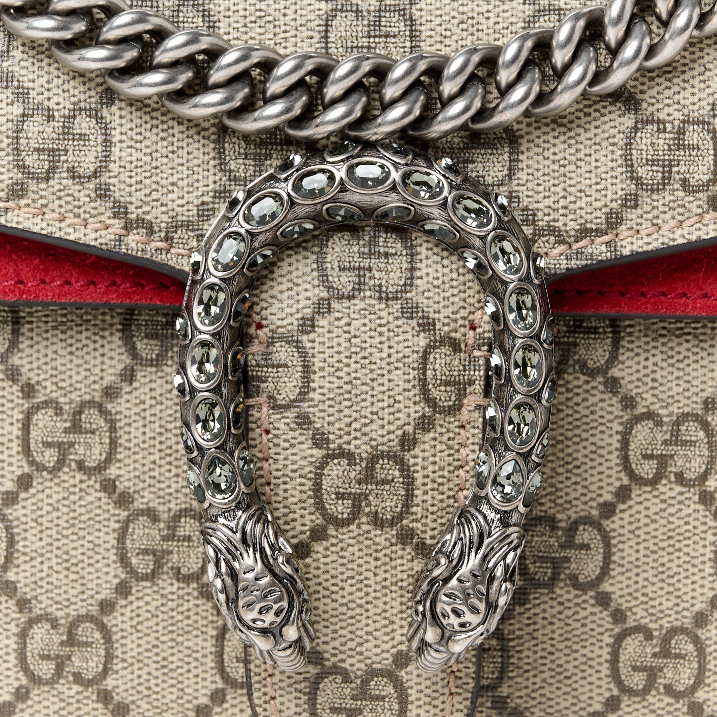 GG Supreme Monogram Suede Crystal Small Dionysus Shoulder Bag Beige Ebony Vulcanic Red