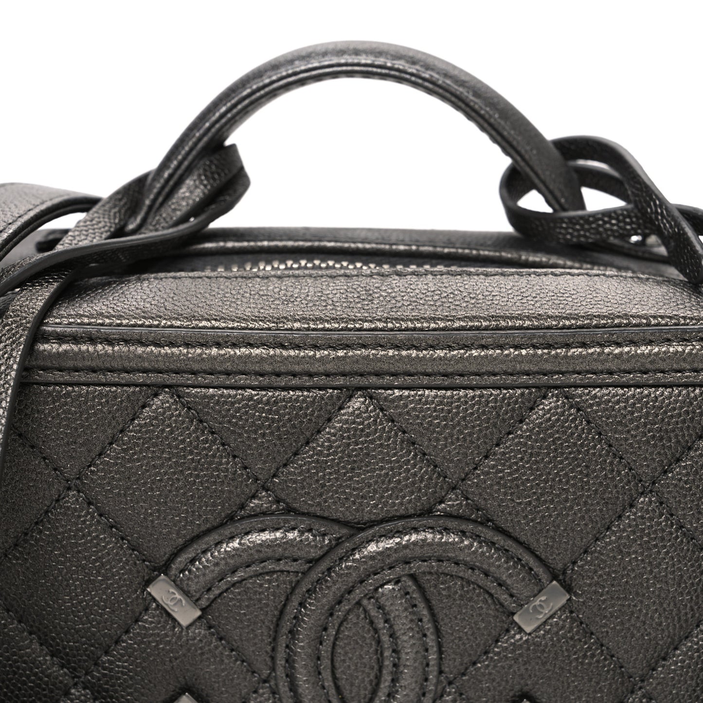 Metallic Caviar Quilted Small CC Filigree Vanity Case Dark Silver