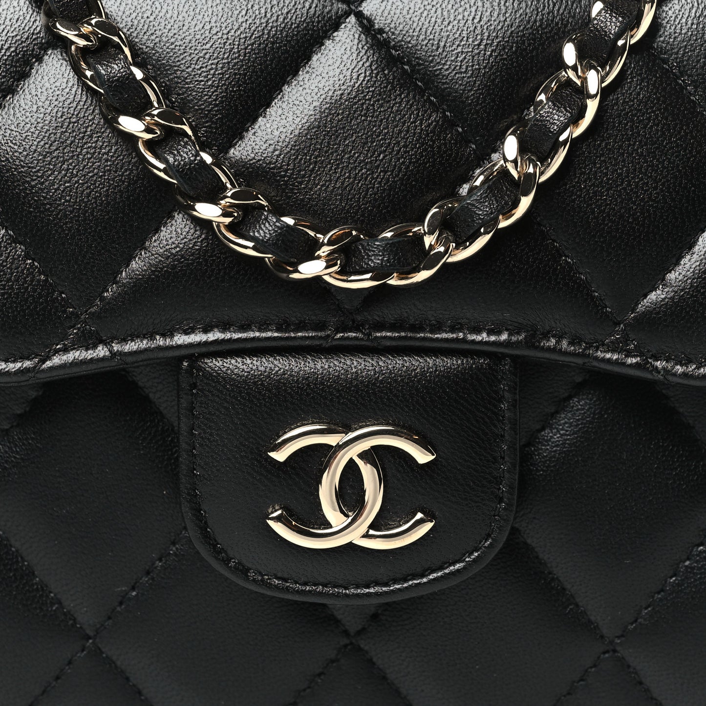 Lambskin Quilted Top Handle Flap Clutch With Chain Black