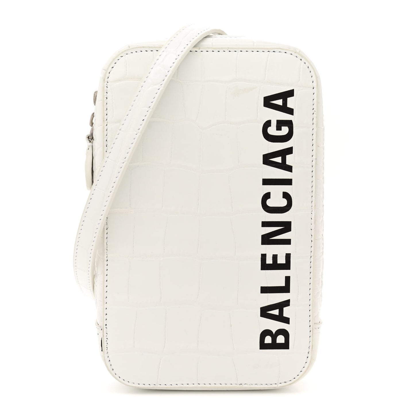 Shiny Calfskin Logo Crocodile Embossed Cash Phone Holder Bag White Black