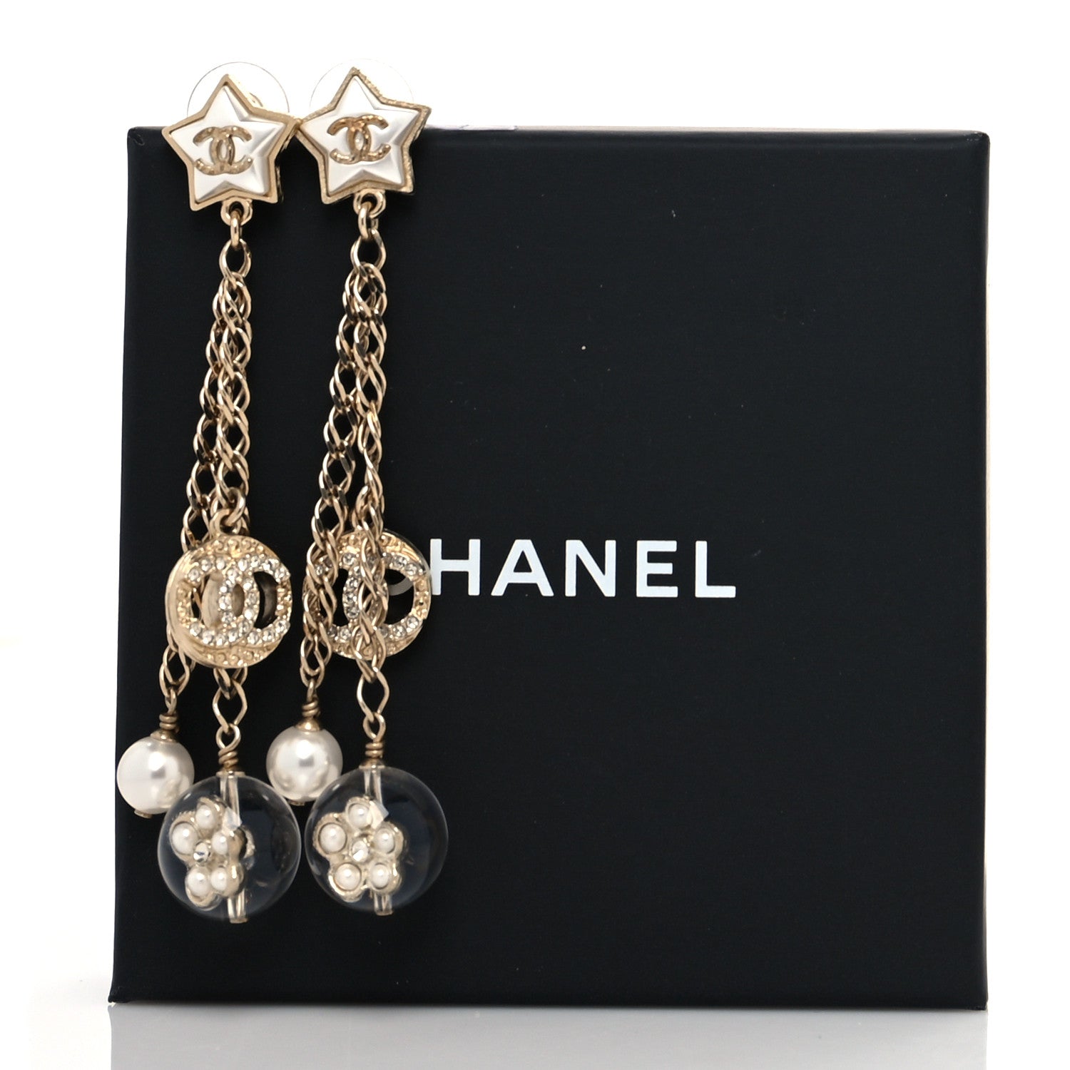Chanel Crystal Pearl Resin CC Star Dangle Earrings Gold 5 of 5