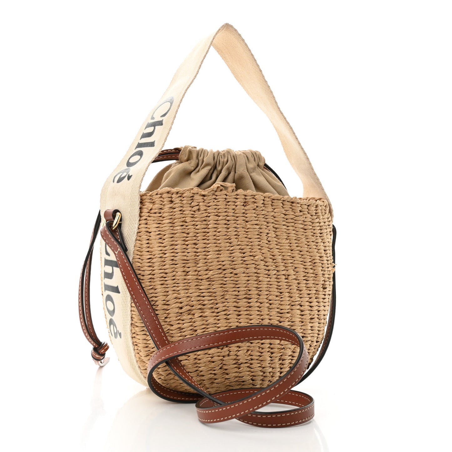 Raffia Calfskin Small Woody Basket Bag Brown