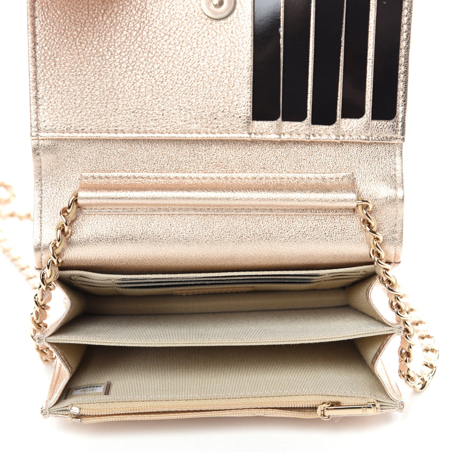 Metallic Lambskin Quilted Mini Wallet On Chain WOC Gold