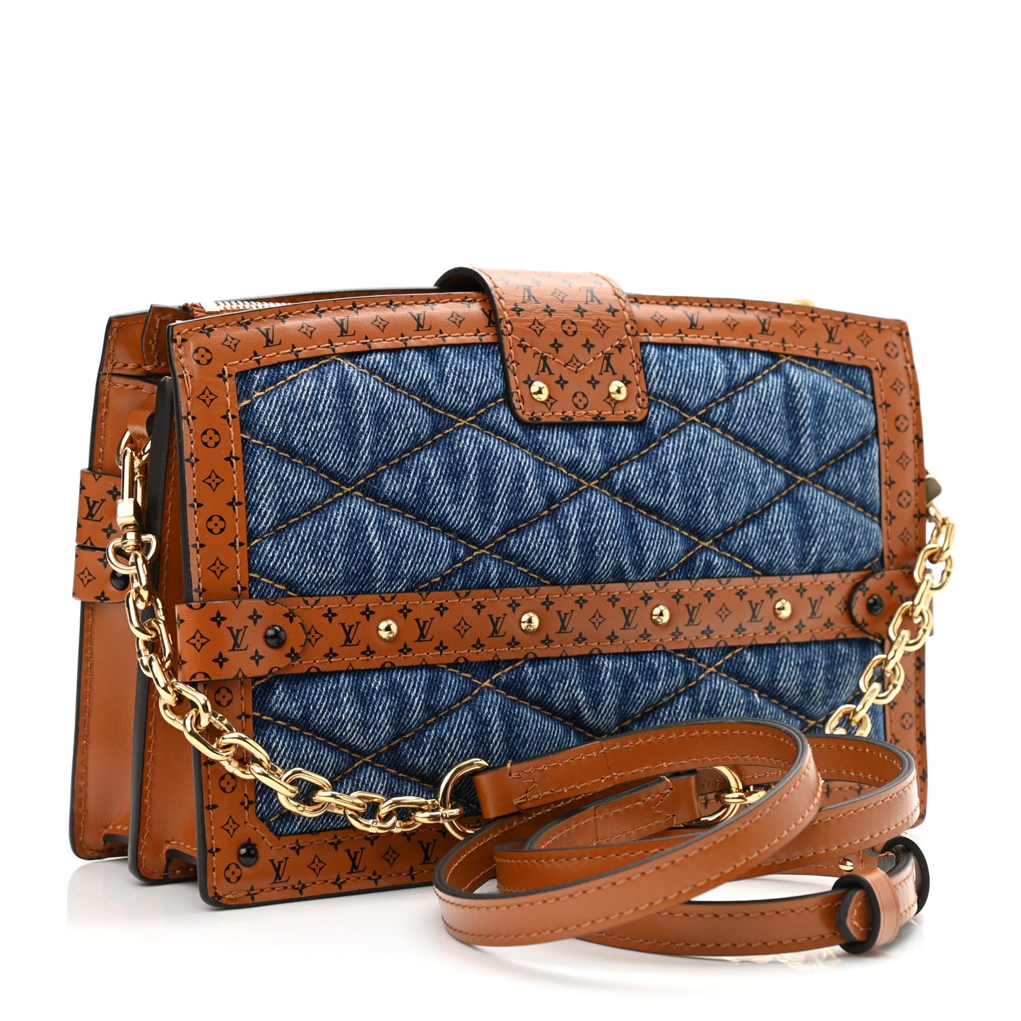 Denim Calfskin Malletage Trunk Clutch Light Blue