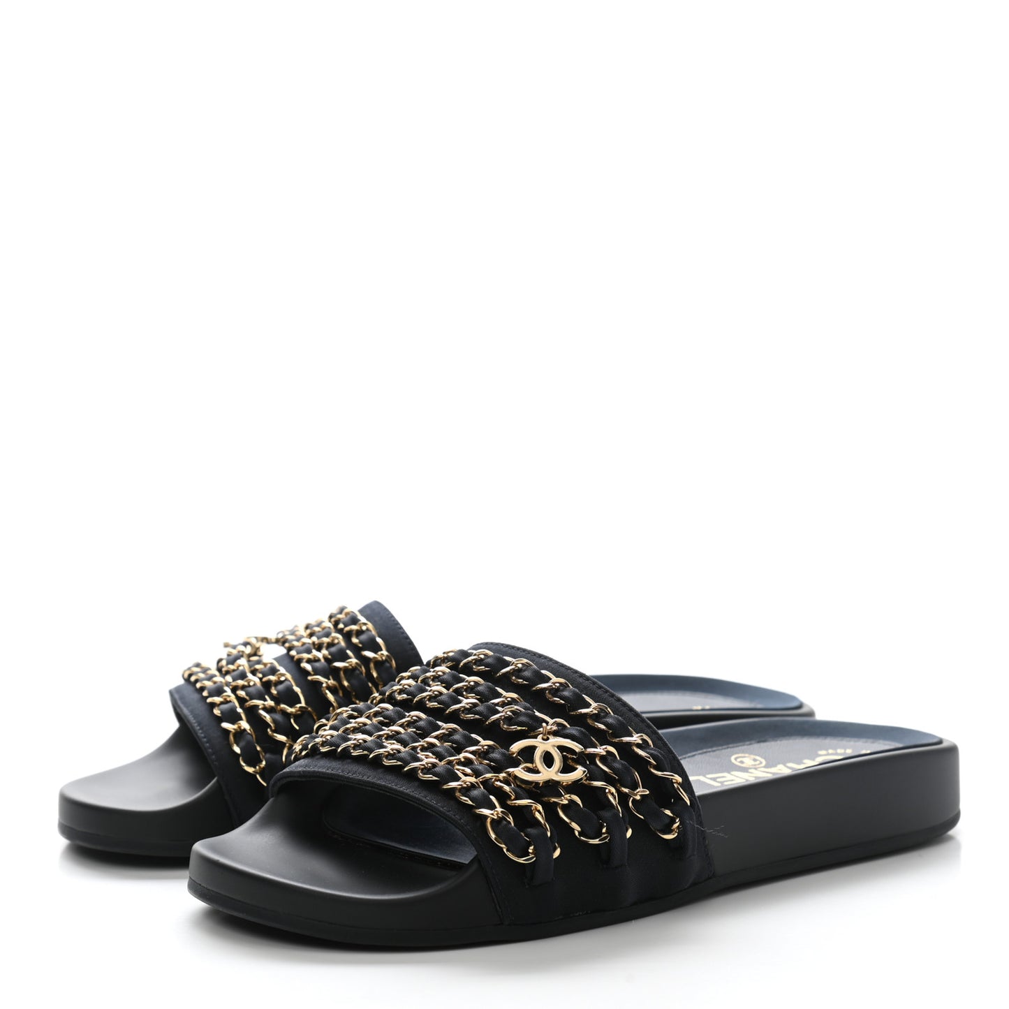 Satin Canvas Chain Slides Sandals Flats 35 Marine