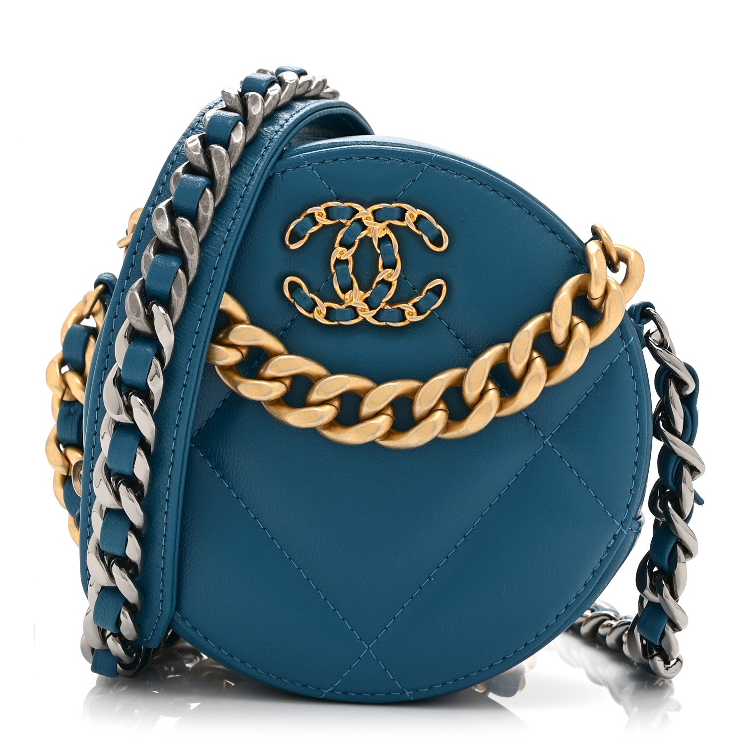 Chanel Goatskin Quilted Chanel 19 Round Clutch With Chain Blue