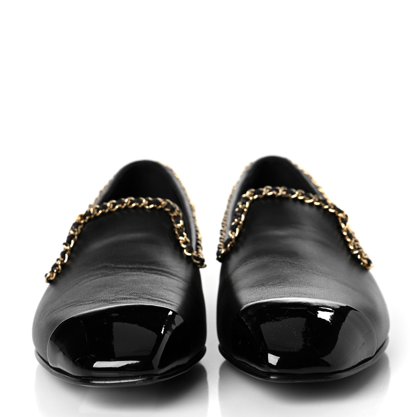Lambskin Patent Calfskin Chain Cap Toe Loafer 36.5 Black