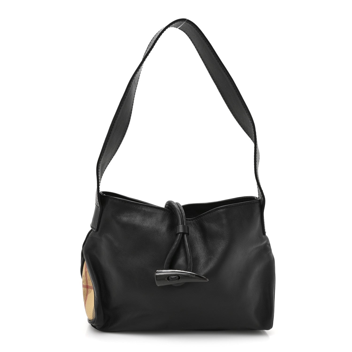 Burberry Calfskin Haymarket Check Horn Toggle Shoulder Bag Black