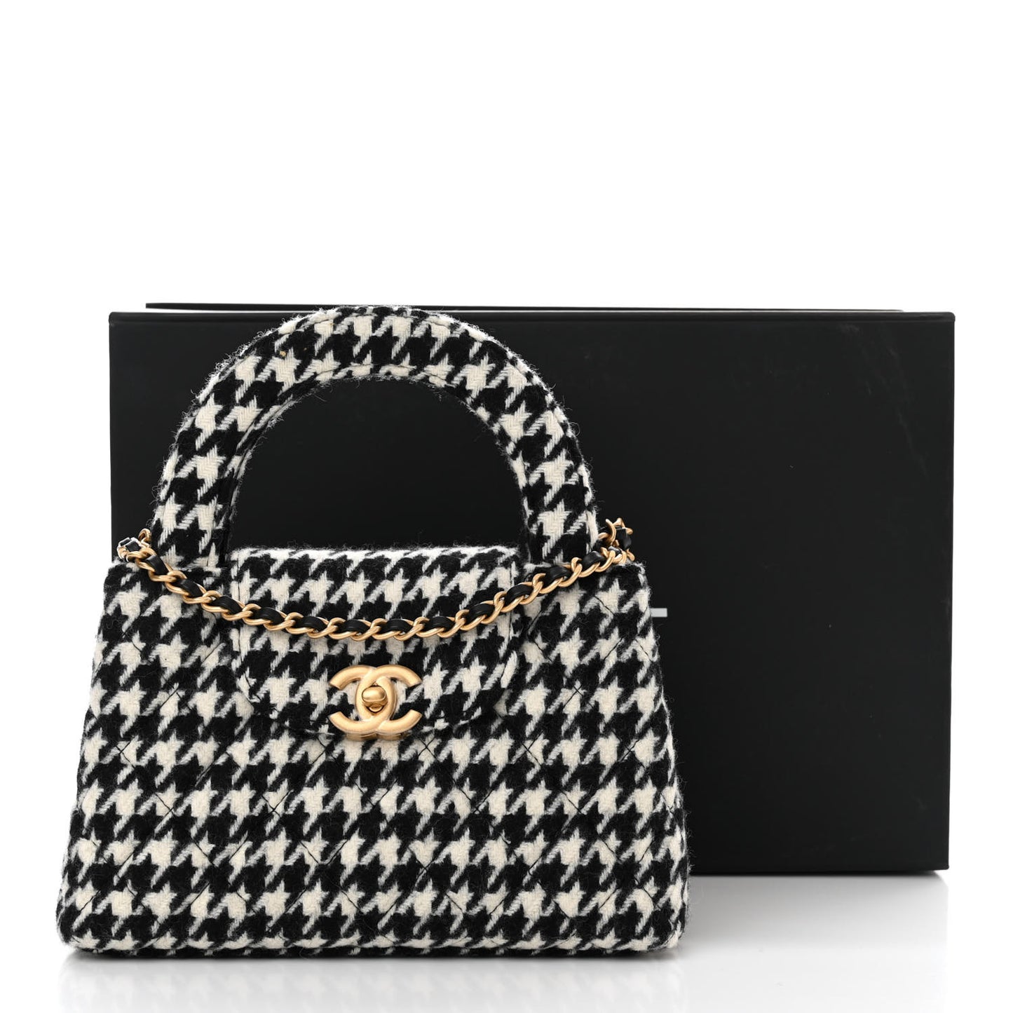 Tweed Houndstooth Quilted Nano Kelly Shopper Black White