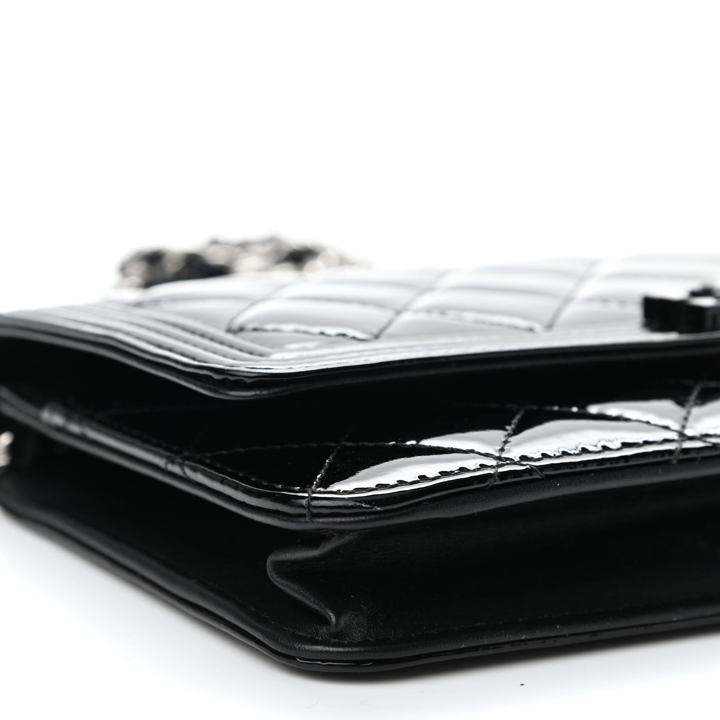 Patent Calfskin Quilted Boy Wallet On Chain WOC Black