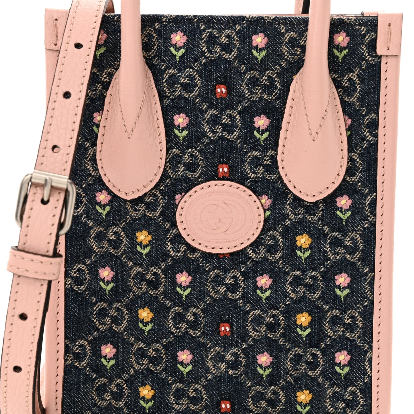 Denim Dollar Calfskin GG Monogram Mini Retro Interlocking G Tote Bag Blue Tea Multicolor Powder Pink
