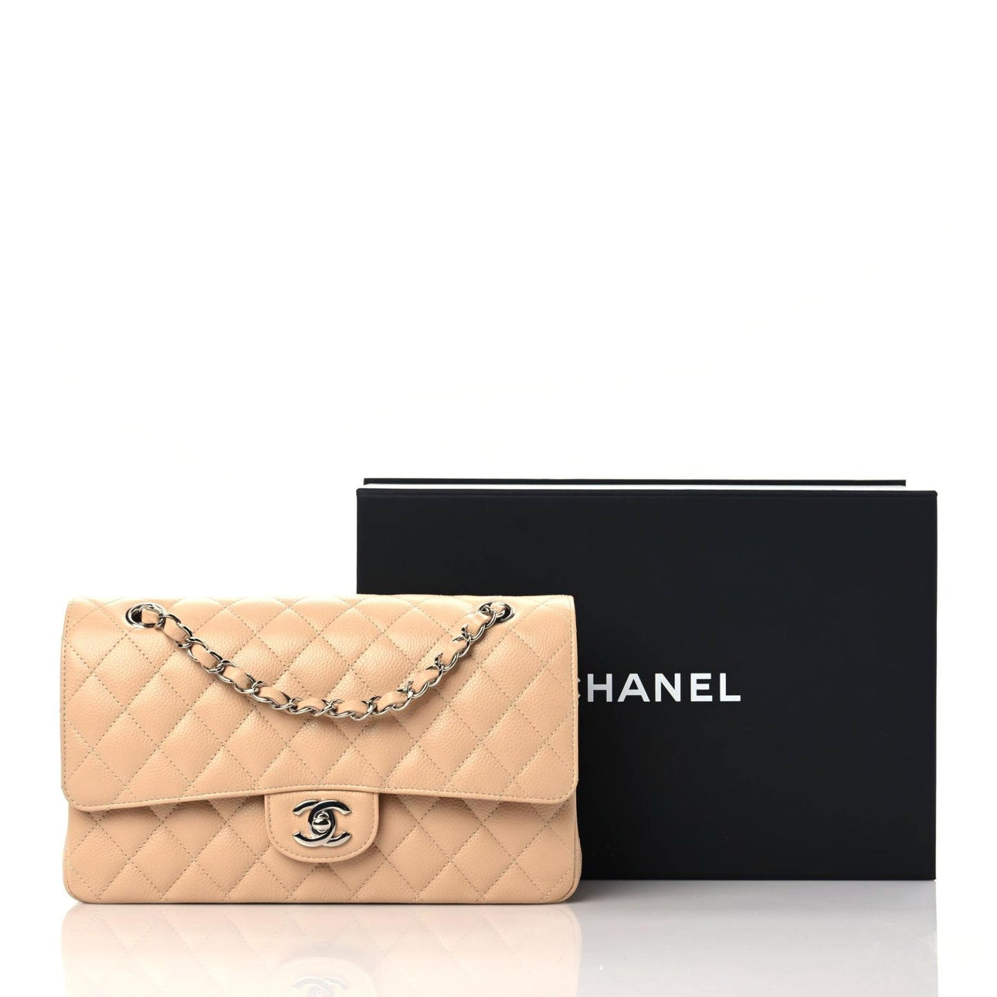 Caviar Quilted Medium Double Flap Beige