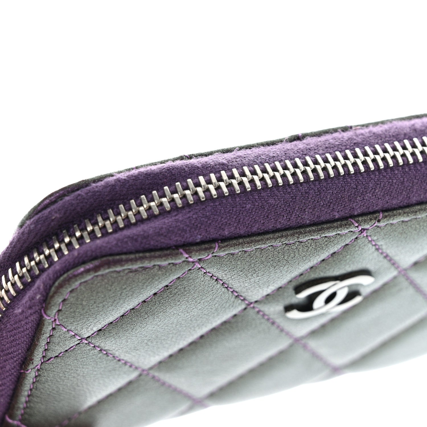 Chanel Metallic Lambskin Quilted Zip Around Coin Purse Wallet Purple 11 of 13
