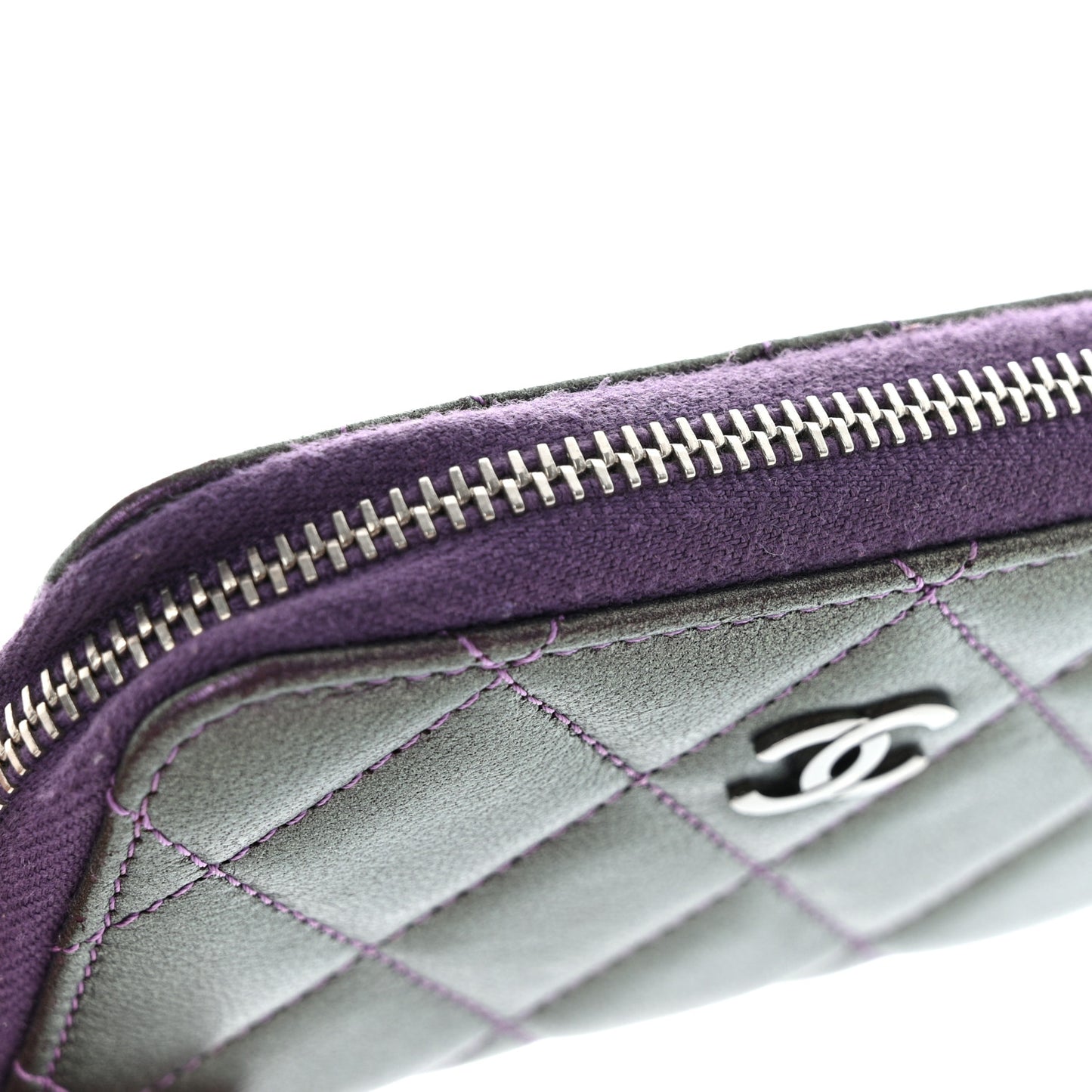Metallic Lambskin Quilted Zip Around Coin Purse Wallet Purple