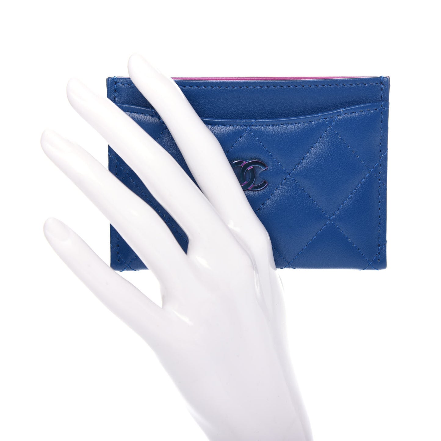 Lambskin Quilted Card Holder Blue Pink