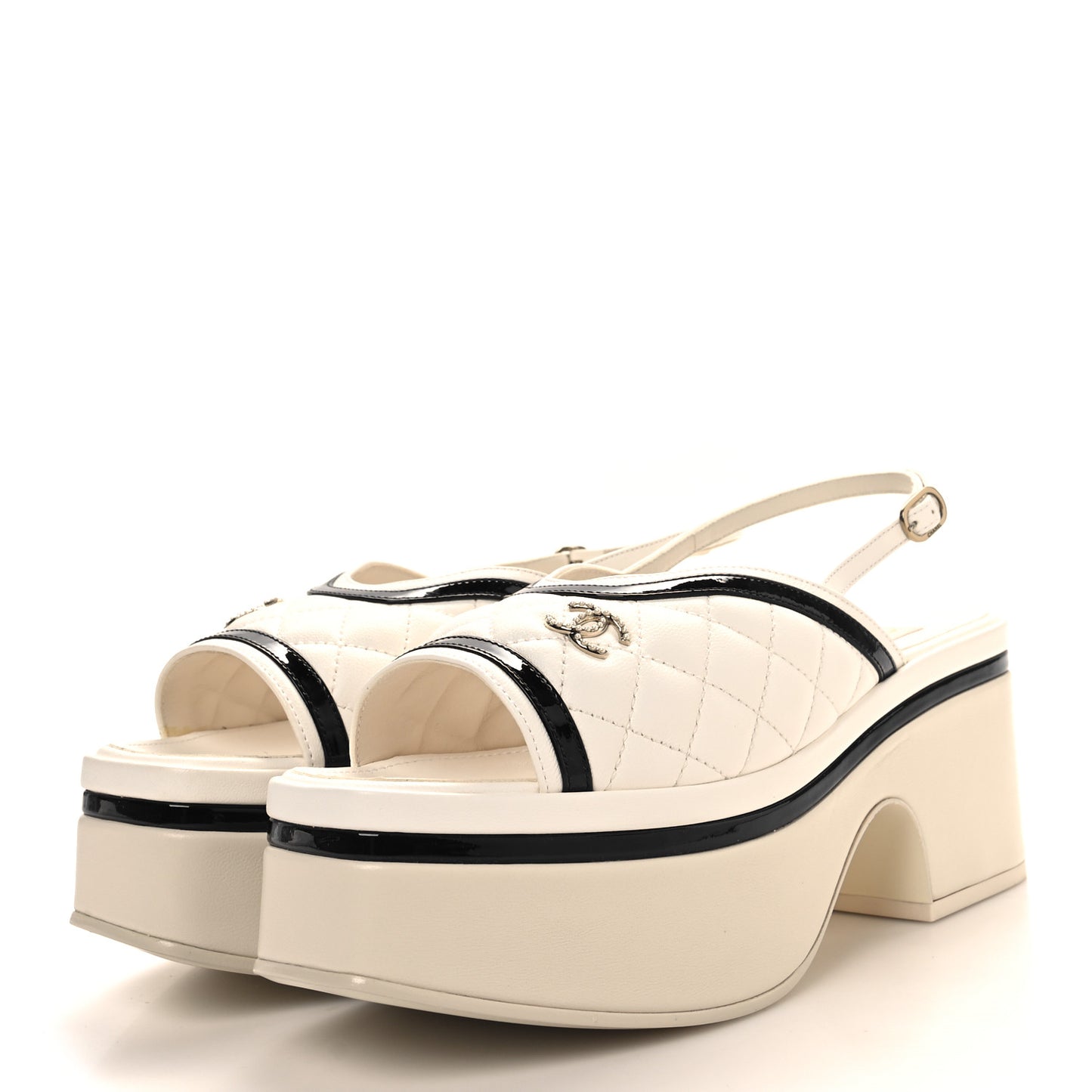 Lambskin Patent Quilted CC Platform Sandals 37 White Black