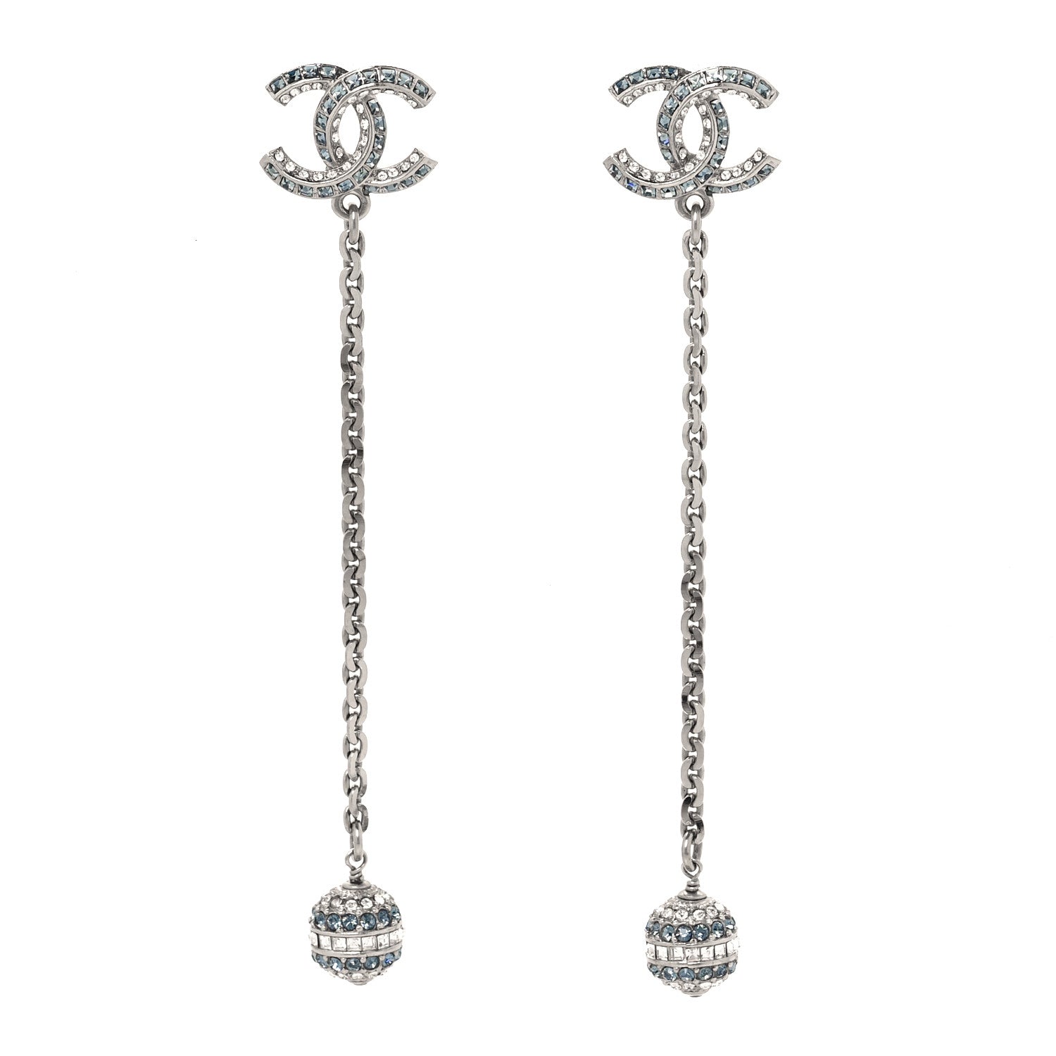 Chanel Crystal Drop Long CC Earrings Silver 1 of 5