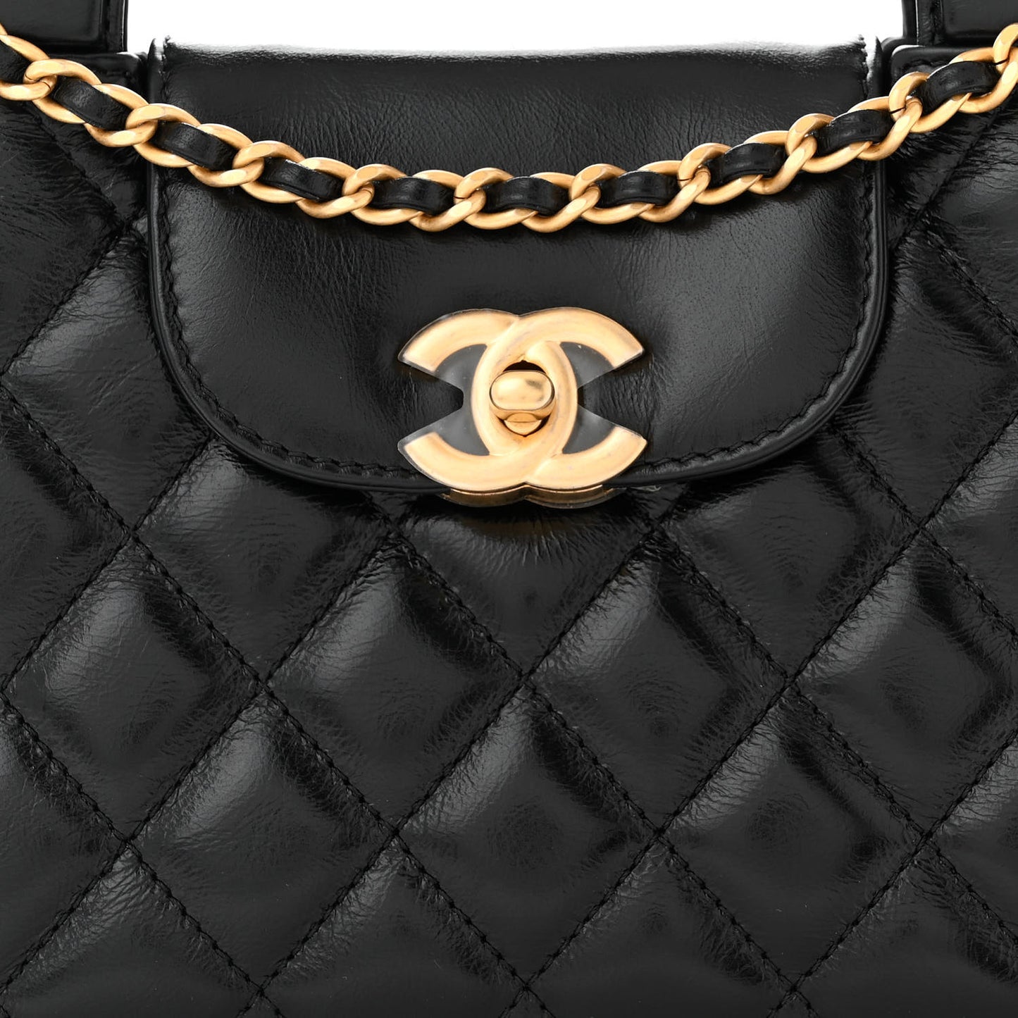 Shiny Aged Calfskin Quilted Nano Kelly Shopper Black