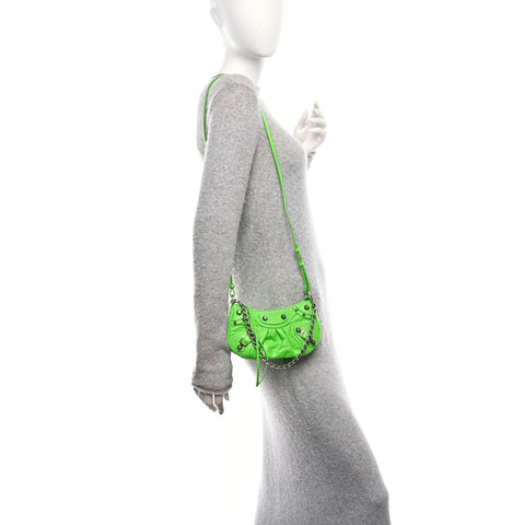 Extra Supple Calfskin Crocodile Embossed Le Cagole Mini Purse With Chain Acid Green