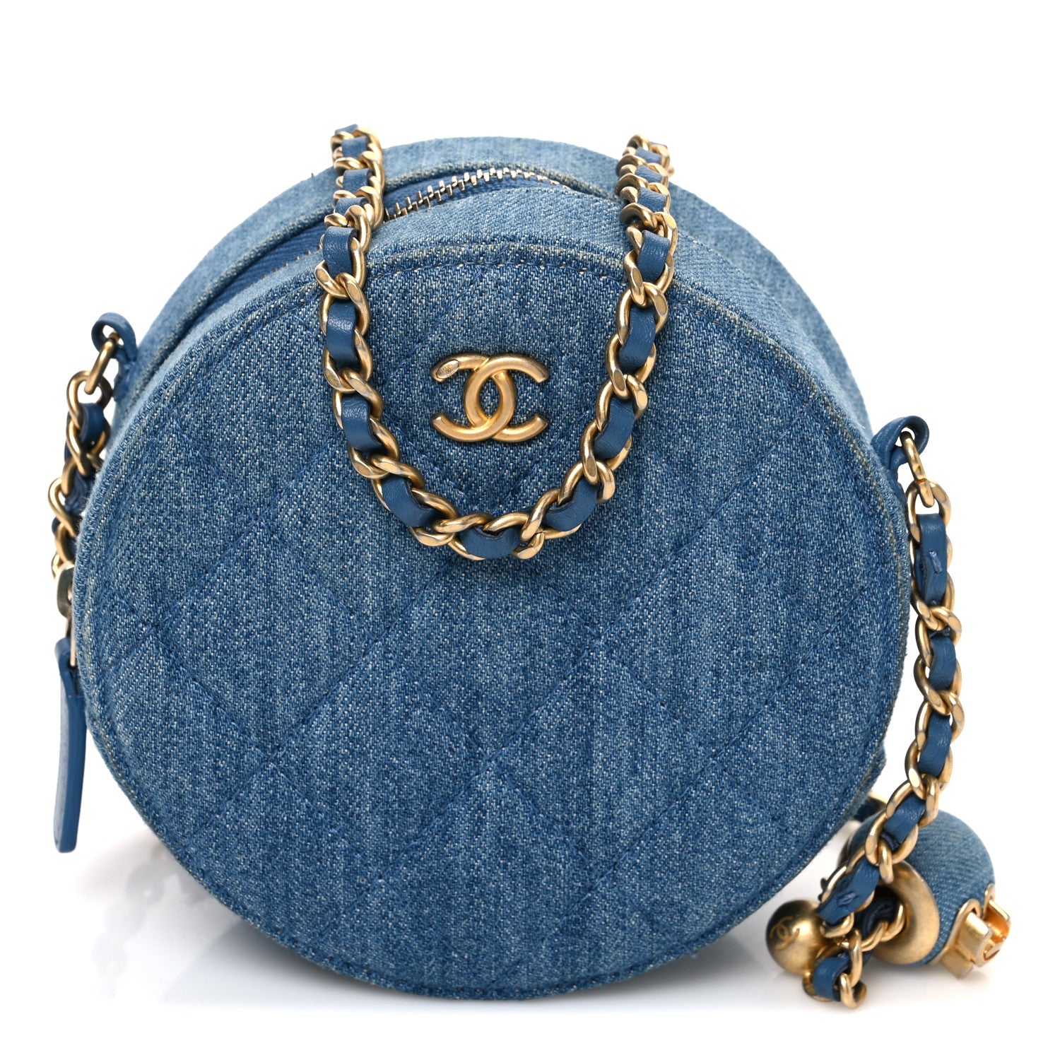 Chanel Denim Quilted Round Pearl Crush Clutch With Chain Blue