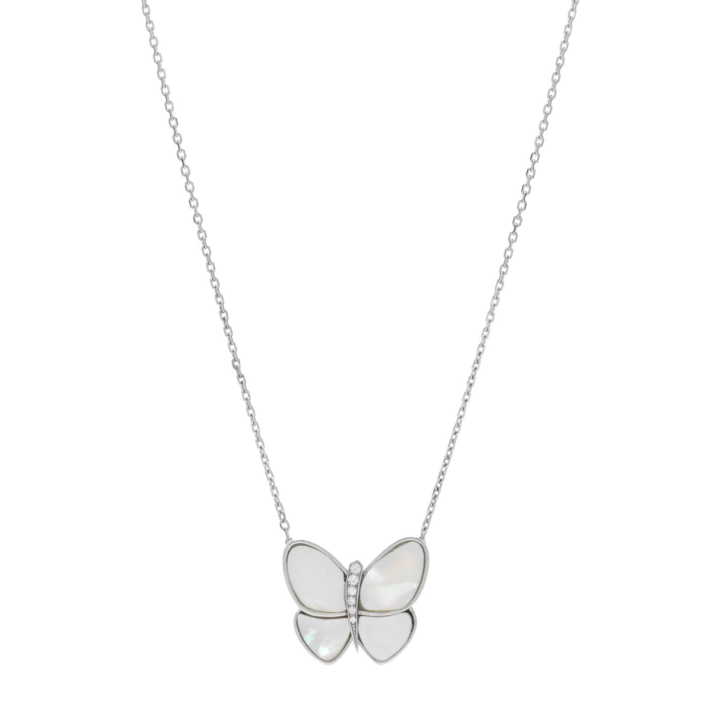 18K White Gold Mother of Pearl Diamond Butterfly Pendant Necklace