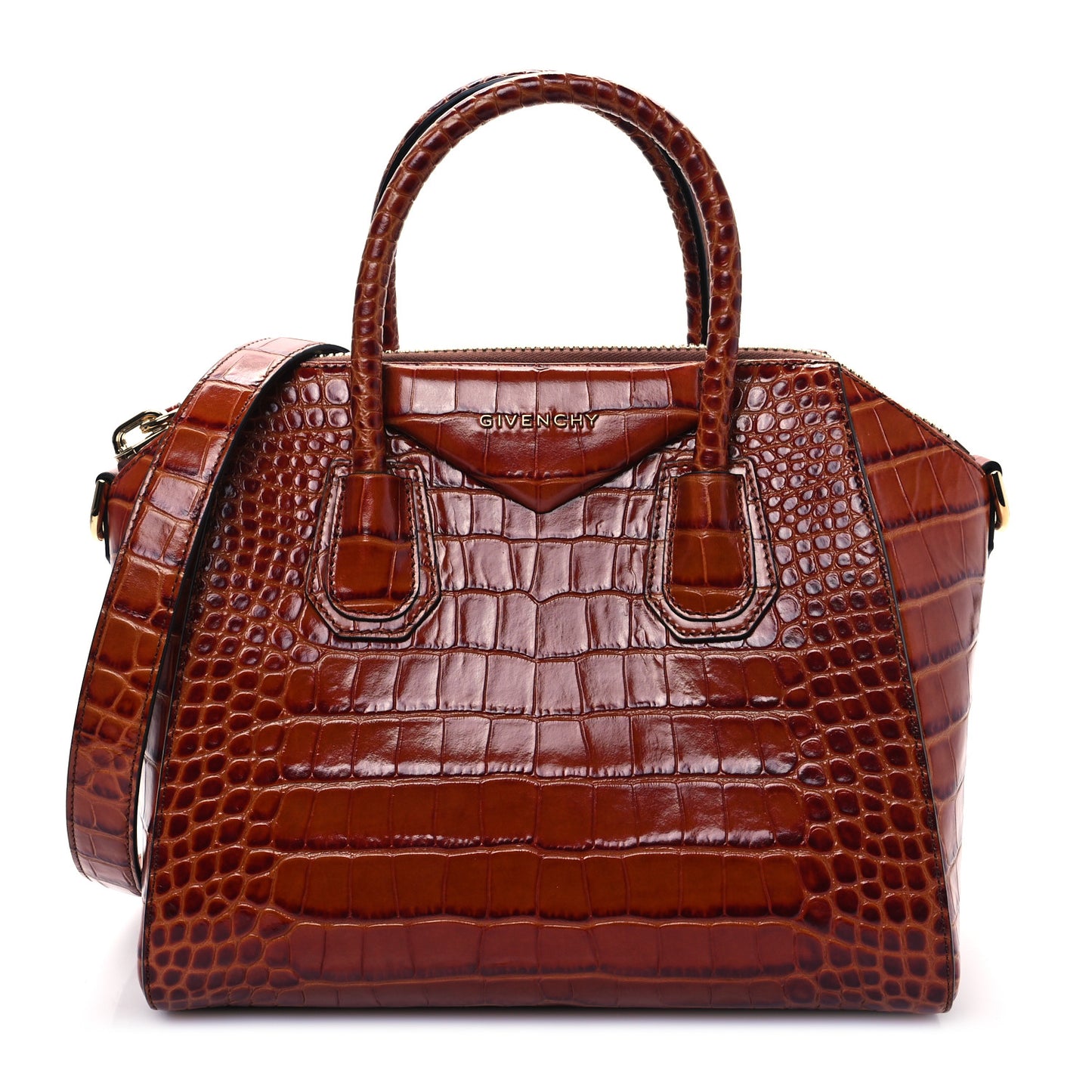 Calfskin Crocodile Embossed Small Antigona Cognac