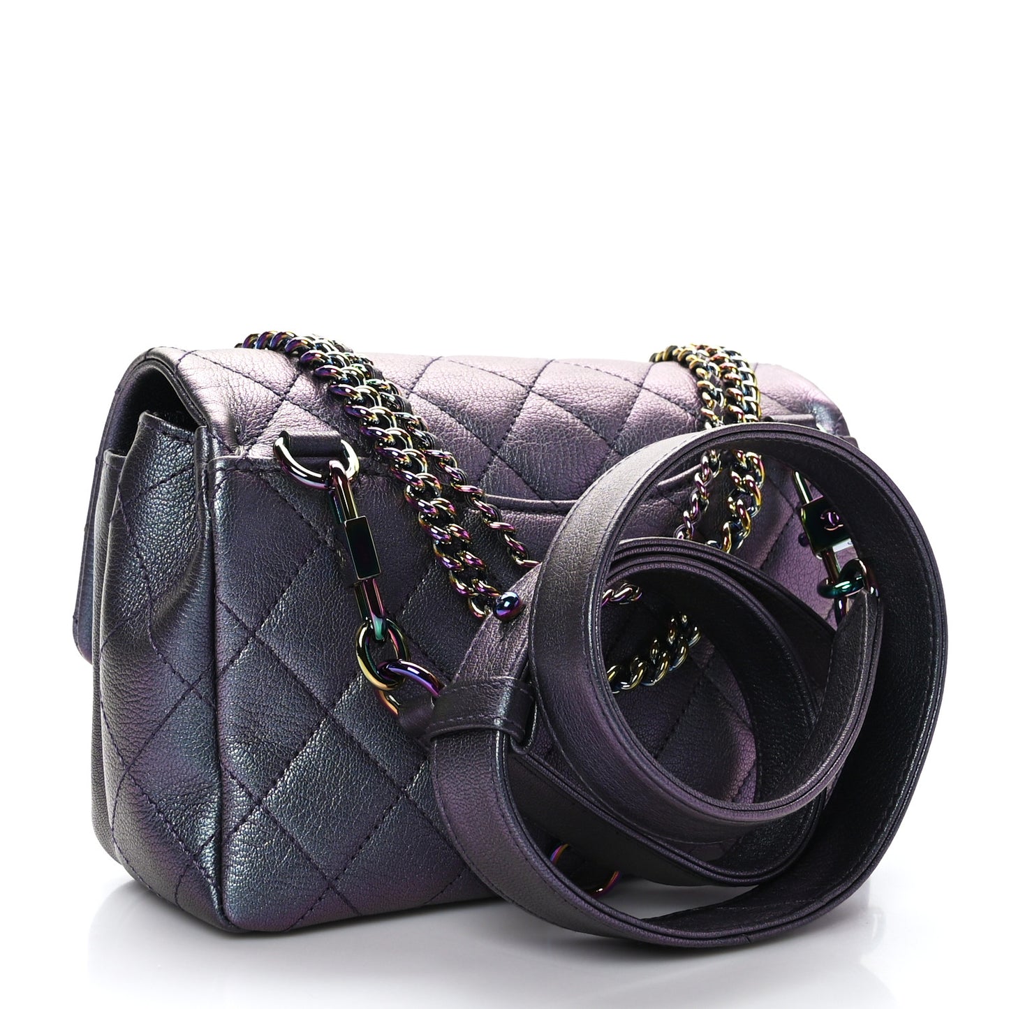 Iridescent Goatskin Quilted Small Double Carry Waist Chain Flap Purple