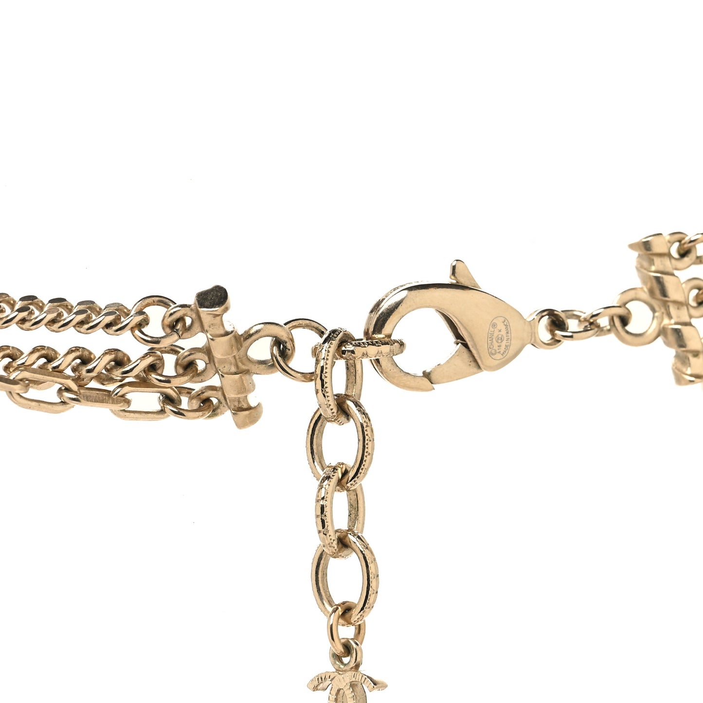 Baguette Crystal Gripoix Poured Glass CC Multi Strand Chain Necklace Light Gold
