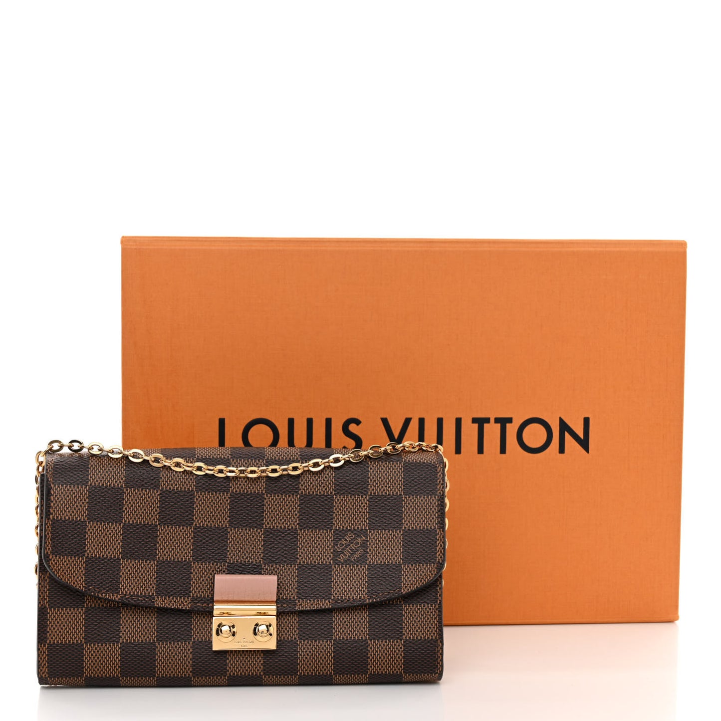 LOUIS VUITTON Damier Ebene Croisette Chain Wallet Rose Ballerine