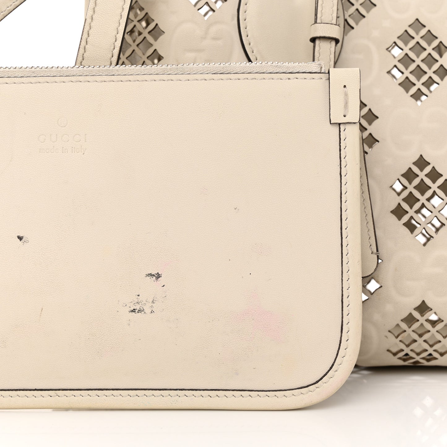 Calfskin GG Monogram Diamond Cut Small Ophidia Tote Bag Off White