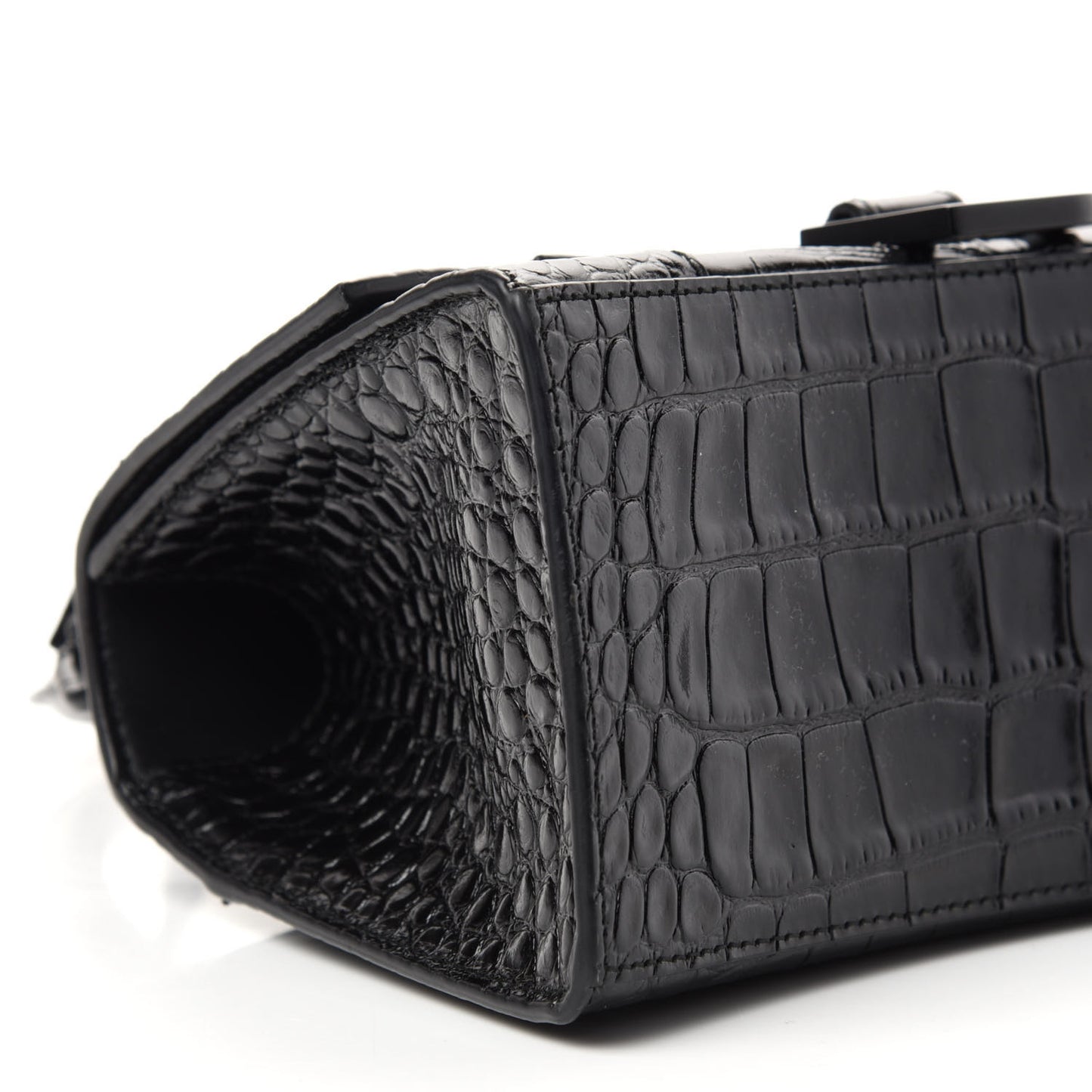 Shiny Calfskin Monochrome Crocodile Embossed Small Hourglass Top Handle Bag Black