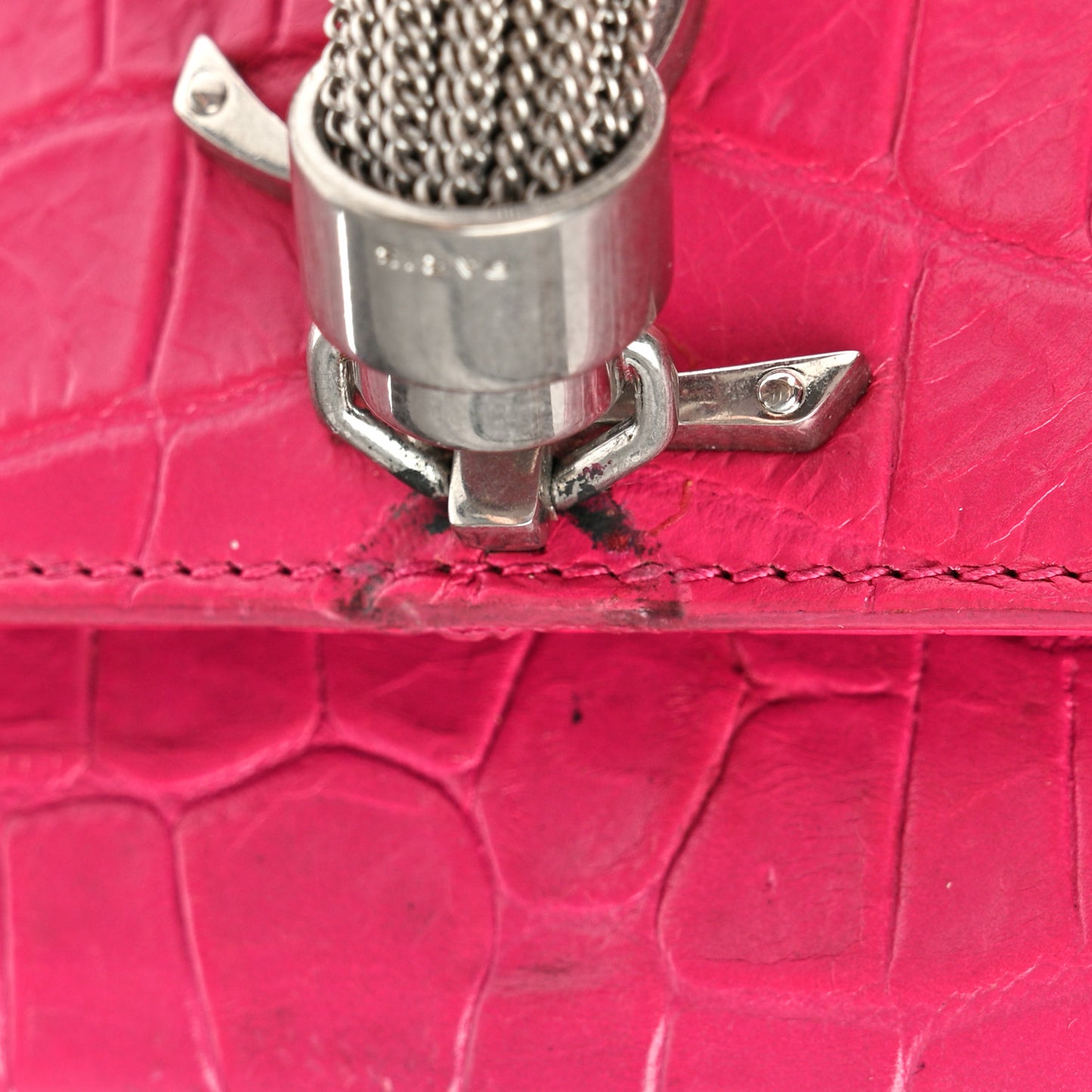 SAINT LAURENT Calfskin Crocodile Embossed Medium Classic Monogram Kate Tassel Satchel Fuchsia