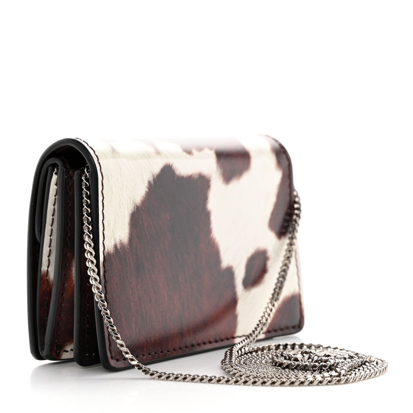 Patent Calfskin Cow Print Jessie Chain Card Case Mahogany