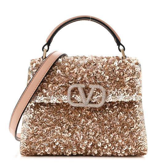 Sequin Crystal Embroidered Mini Vsling Top Handle Bag Light Peach Rose Mist