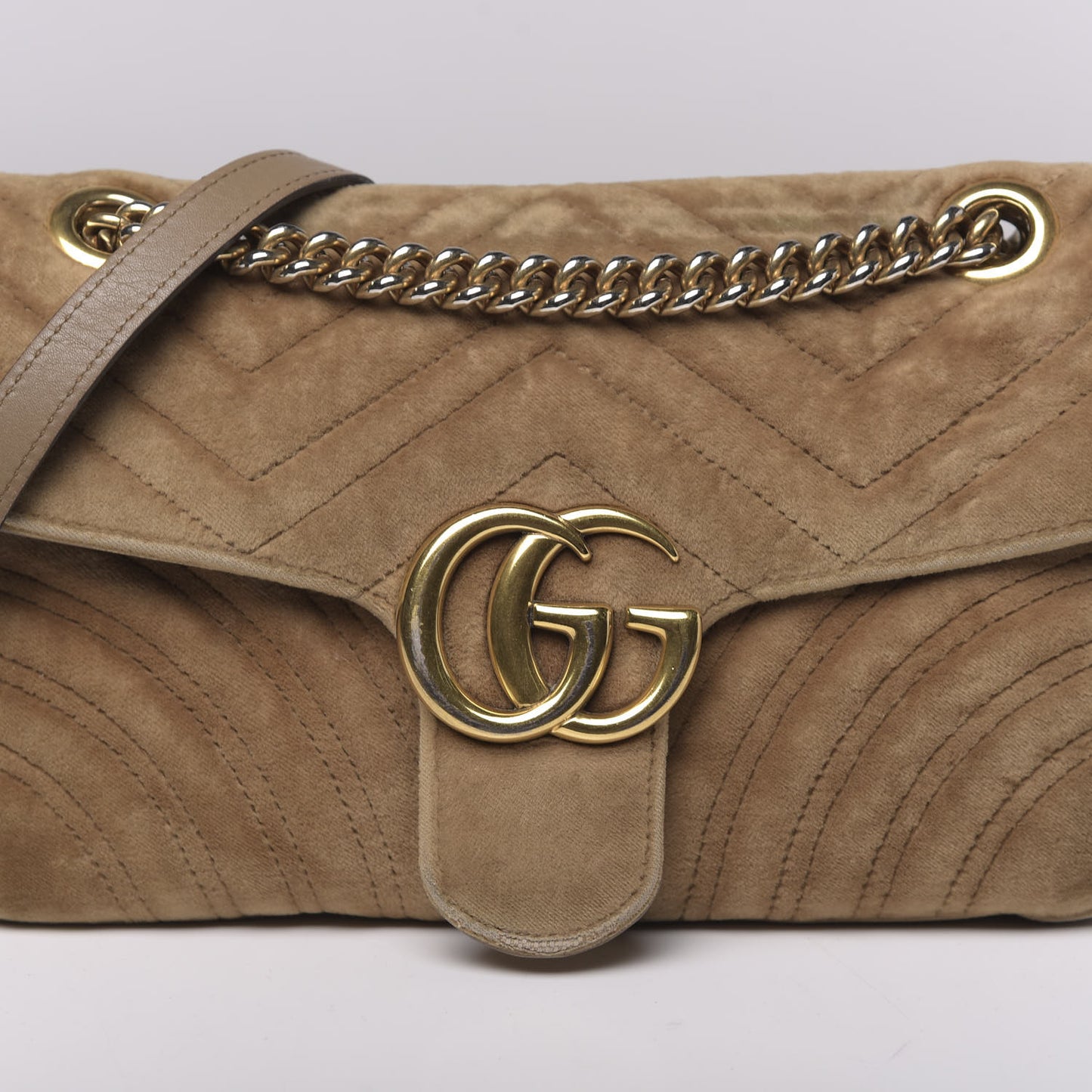 Velvet Matelasse Small GG Marmont Shoulder Bag Taupe