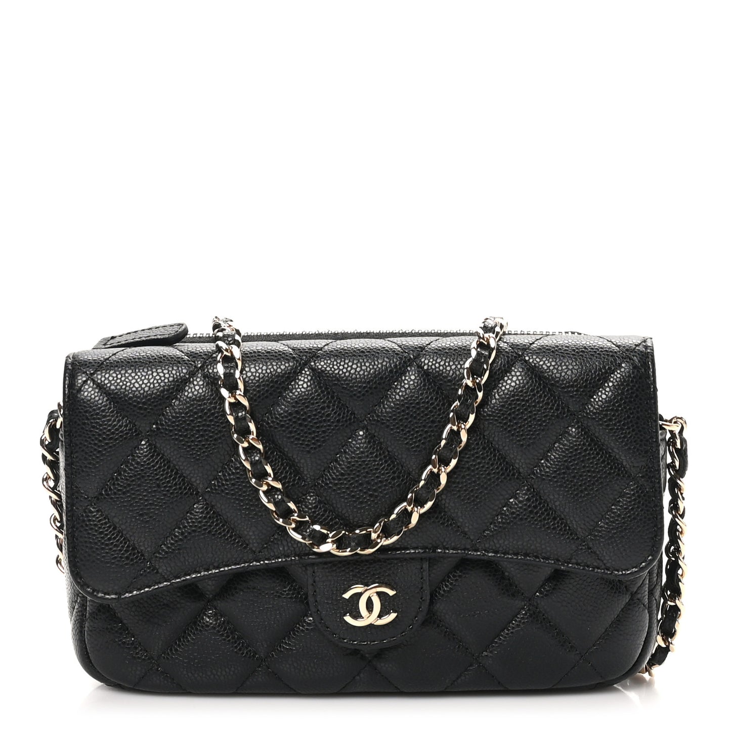 Caviar Quilted Flap Phone Holder With Chain Black